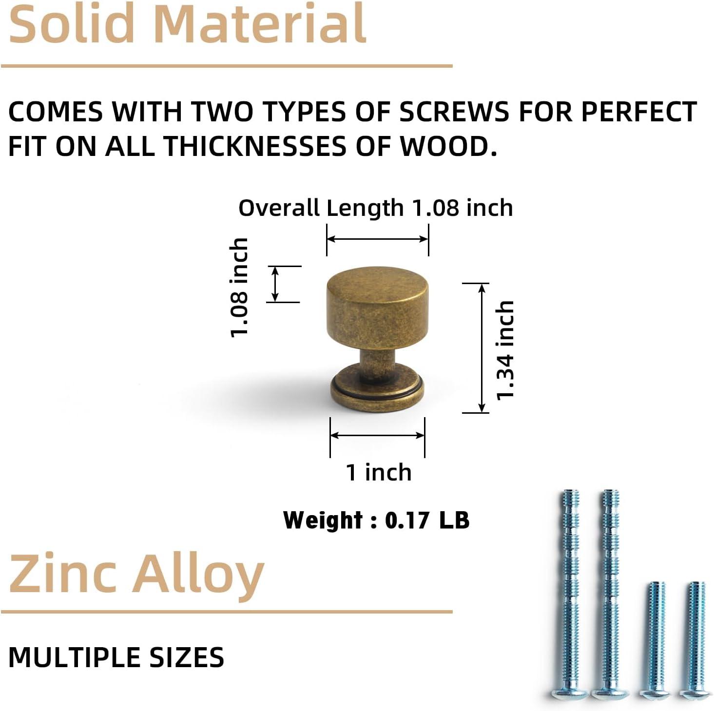 Set of 6 Antique Brass Drum Cabinet Knobs for Drawers, Heavy-Duty Solid Zinc Handles, 1" Diameter for Farmhouse & Modern Kitchen Hardware