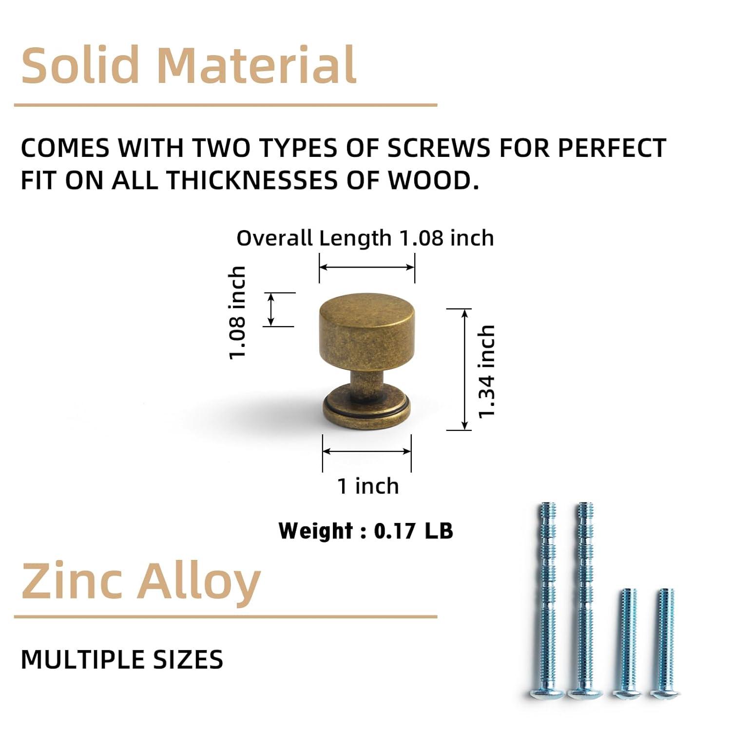 Set of 6 Antique Brass Drum Cabinet Knobs for Drawers, Heavy-Duty Solid Zinc Handles, 1" Diameter for Farmhouse & Modern Kitchen Hardware