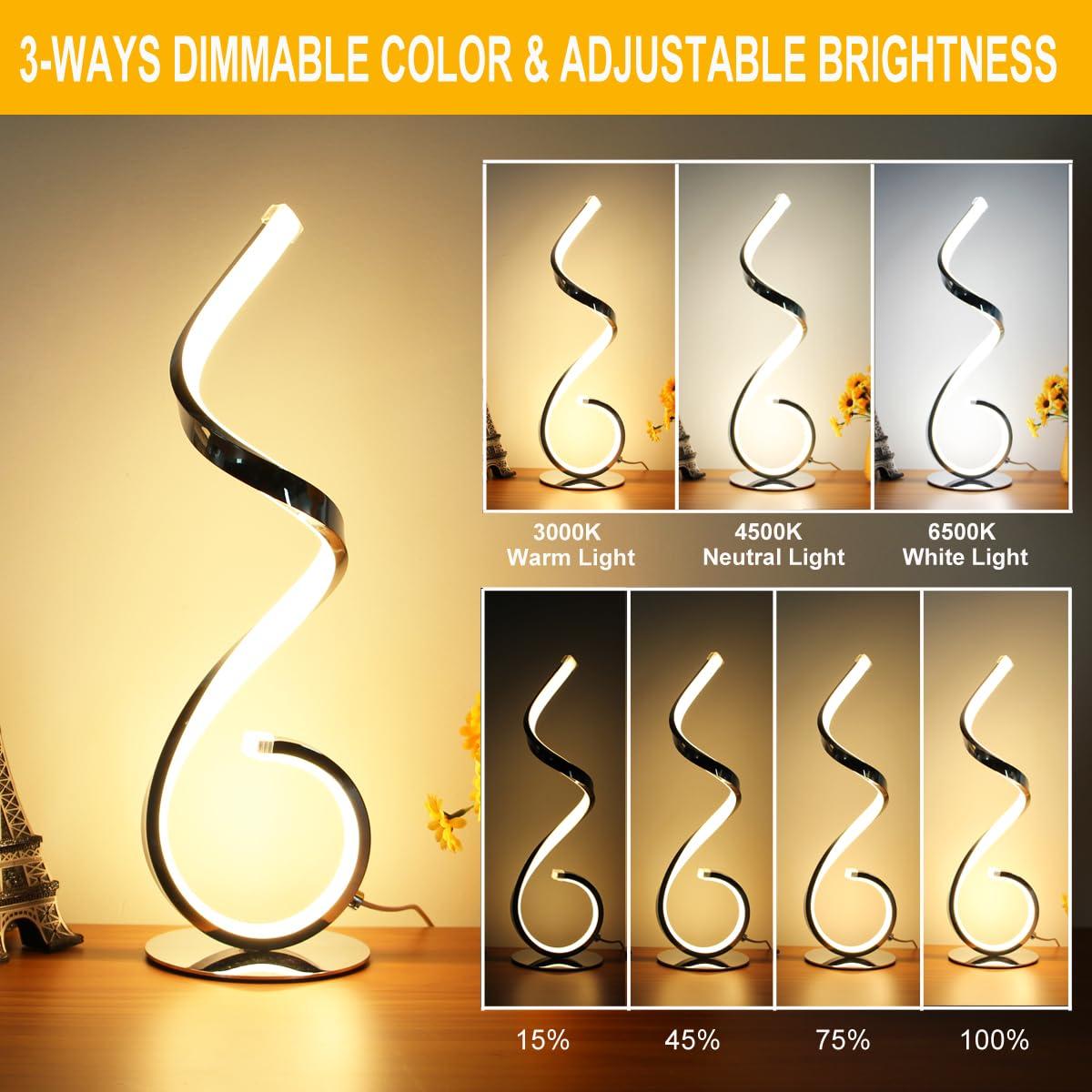 Modern Spiral LED Table Lamp, Stepless Dimmable Bedside Table Lamps for Bedroom, 10W LED Desk Lamp 3 Color Modes Desk Light Reading Office Lamps for Nightstand, Living Room- Silver