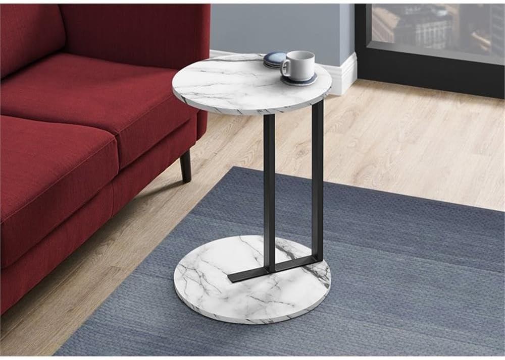 17 Stories Accent Table, Side, Round, End, Nightstand, Lamp, Living Room, Bedroom, White Marble Look Laminate, Black Metal, Contemporary, Modern