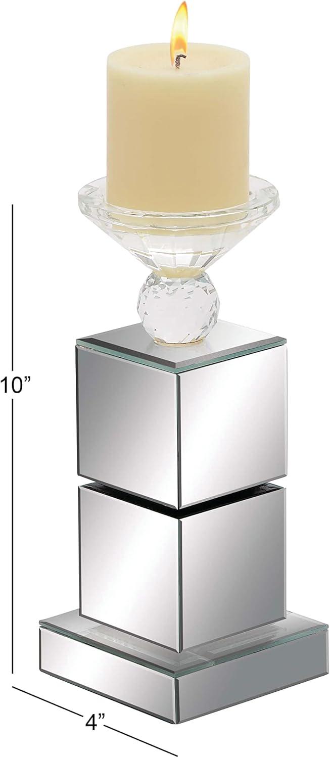 DecMode Silver Glass Pillar Candle Holder with Mirrored Sides