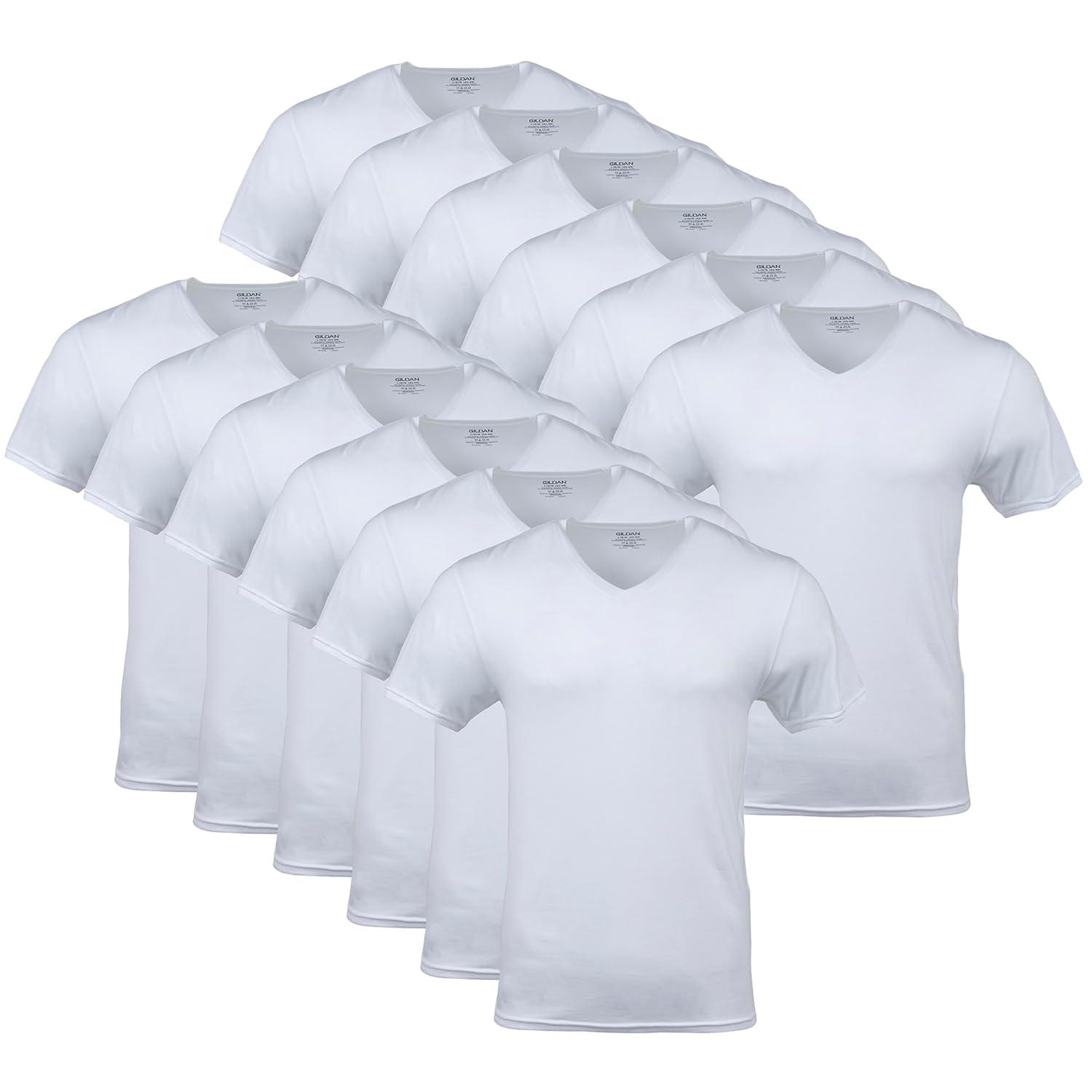 Gildan Men's Short Sleeve V-Neck White T-Shirt, 12-Pack