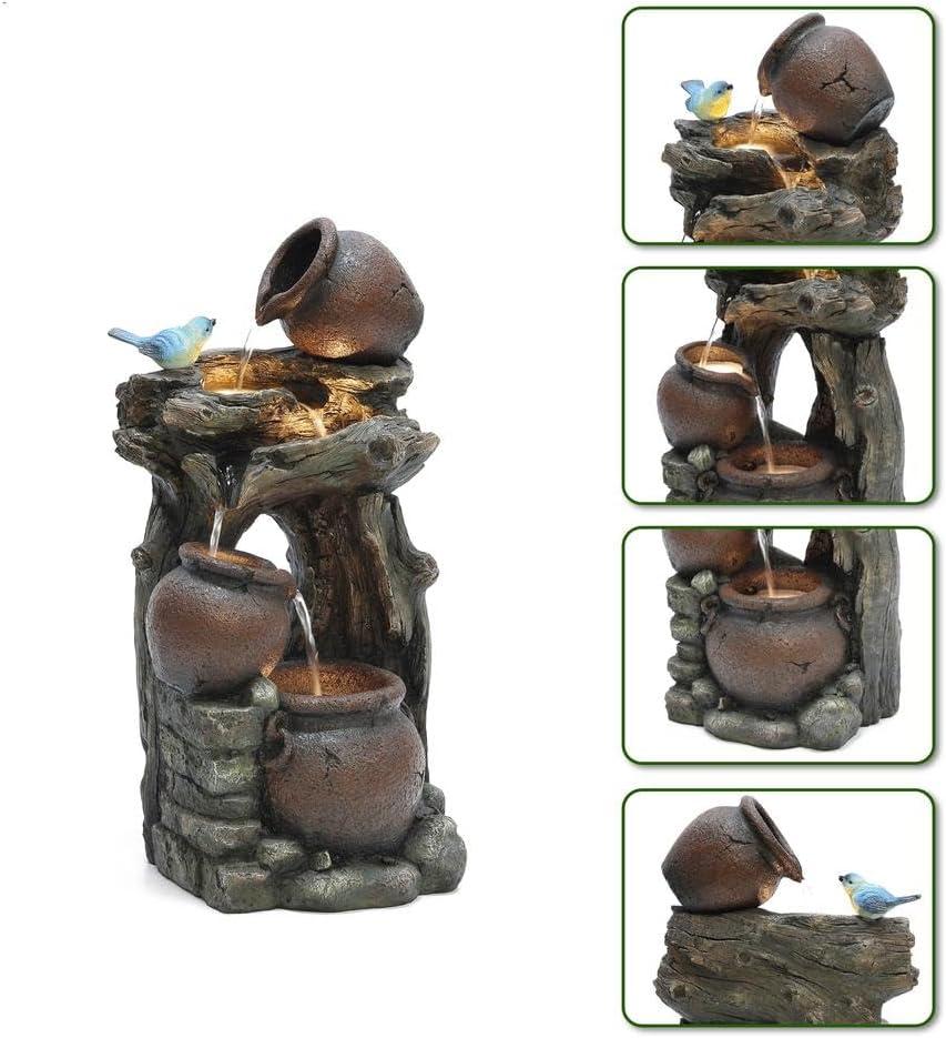 LuxenHome Rustic Pots and Pitchers on Tree Resin Outdoor Fountain with Lights Brown