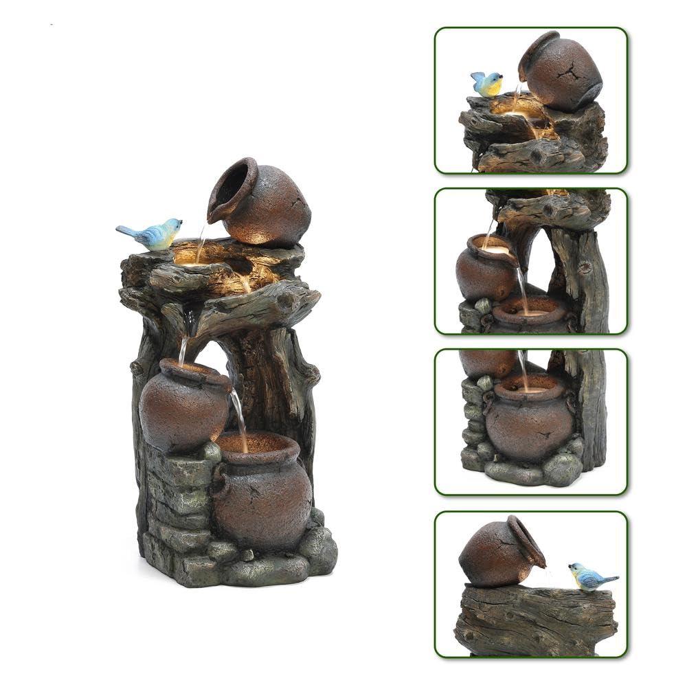 LuxenHome Rustic Pots and Pitchers on Tree Resin Outdoor Fountain with Lights Brown