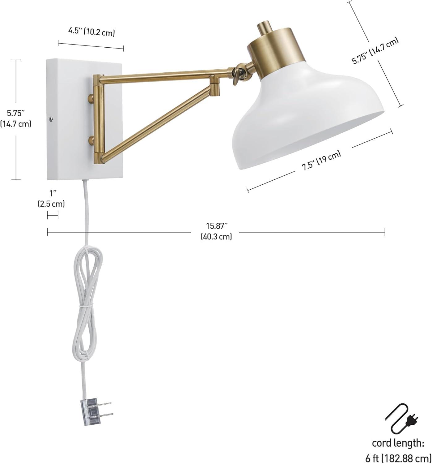 Globe Electric Berkeley 1-Light White and Brass Plug-In or Hardwire Swing Arm Wall Sconce, 51344