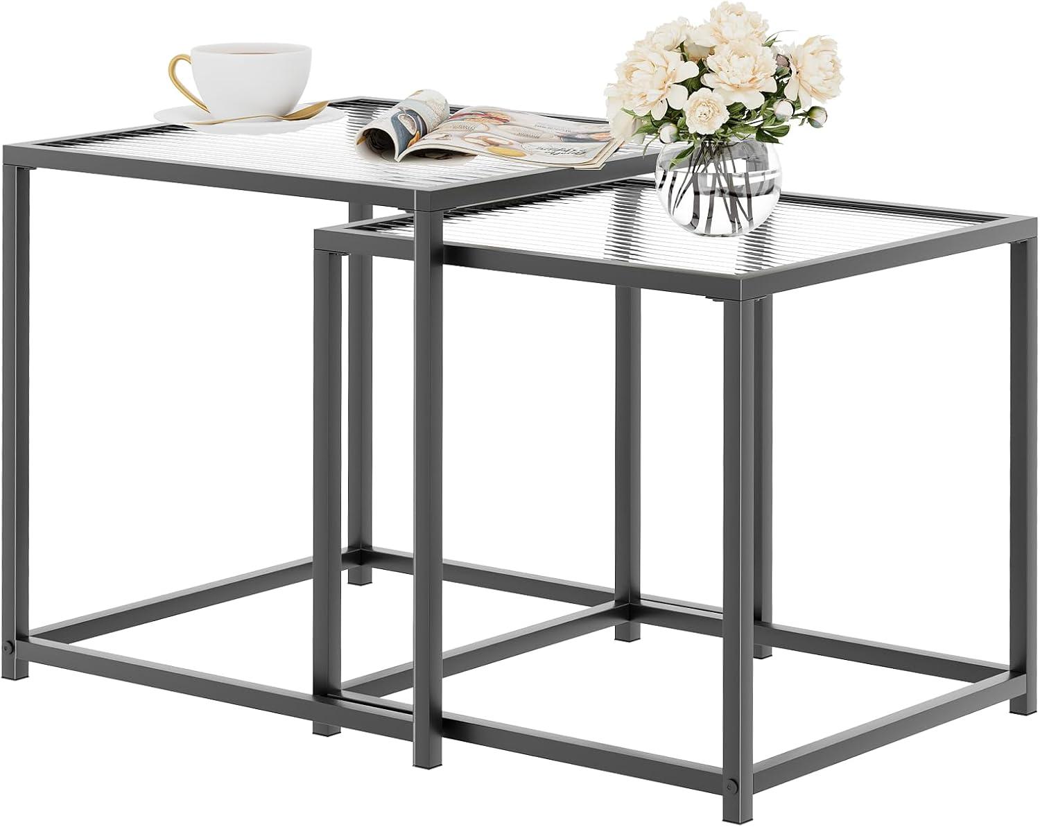 VILAWLENCE Coffee Table Set of 2, Modern Black Patterned Glass Side Table, Metal Frame Square End Table, Center Tables Nesting Coffee Table for Living Room,Bedroom and Small Spaces