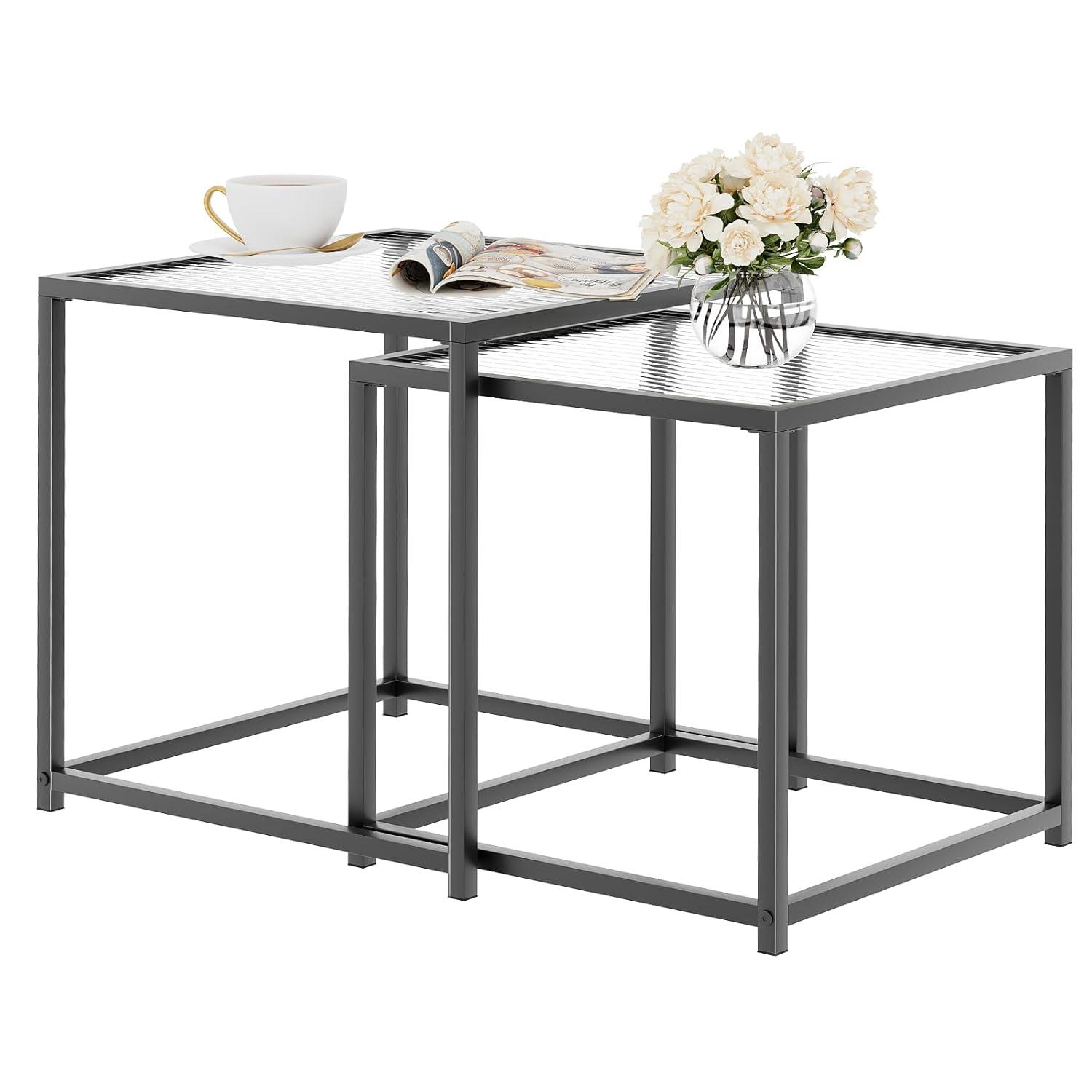 VILAWLENCE Coffee Table Set of 2, Modern Black Patterned Glass Side Table, Metal Frame Square End Table, Center Tables Nesting Coffee Table for Living Room,Bedroom and Small Spaces
