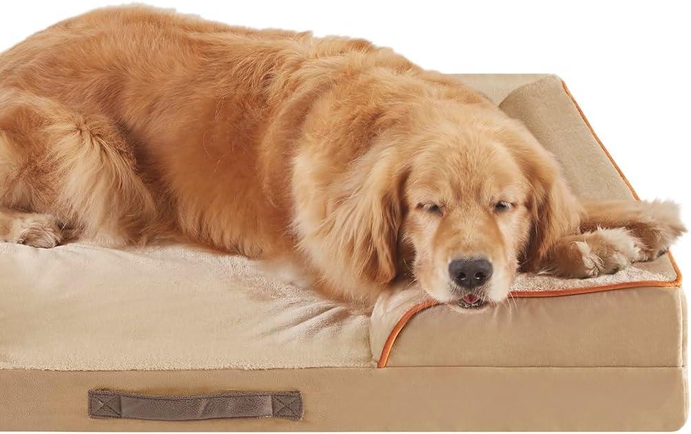 Medium Khaki Orthopedic Waterproof Dog Bed with Bolster