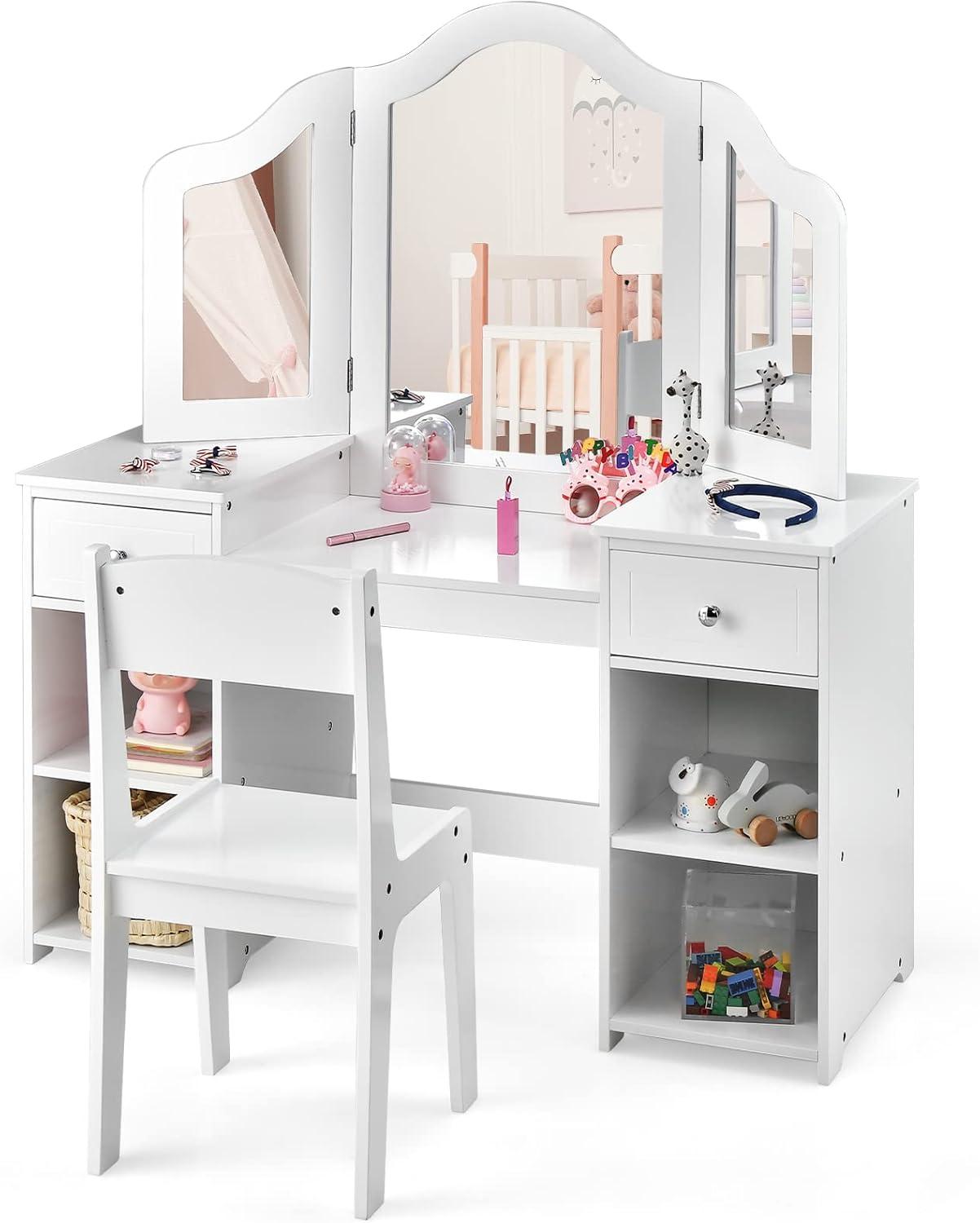 KORIMEFA Kids Vanity, Girls Vanity With touch Light Detachable Tri-Folding Mirror, Open Storage Shelves, Wood Makeup Playset with Chair, Princess Vanity Table for Toddlers, Pink