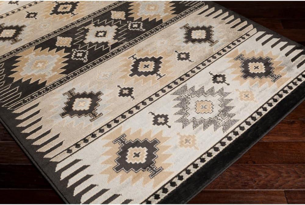 Greige and Black Synthetic Southwest Print Rectangular Area Rug