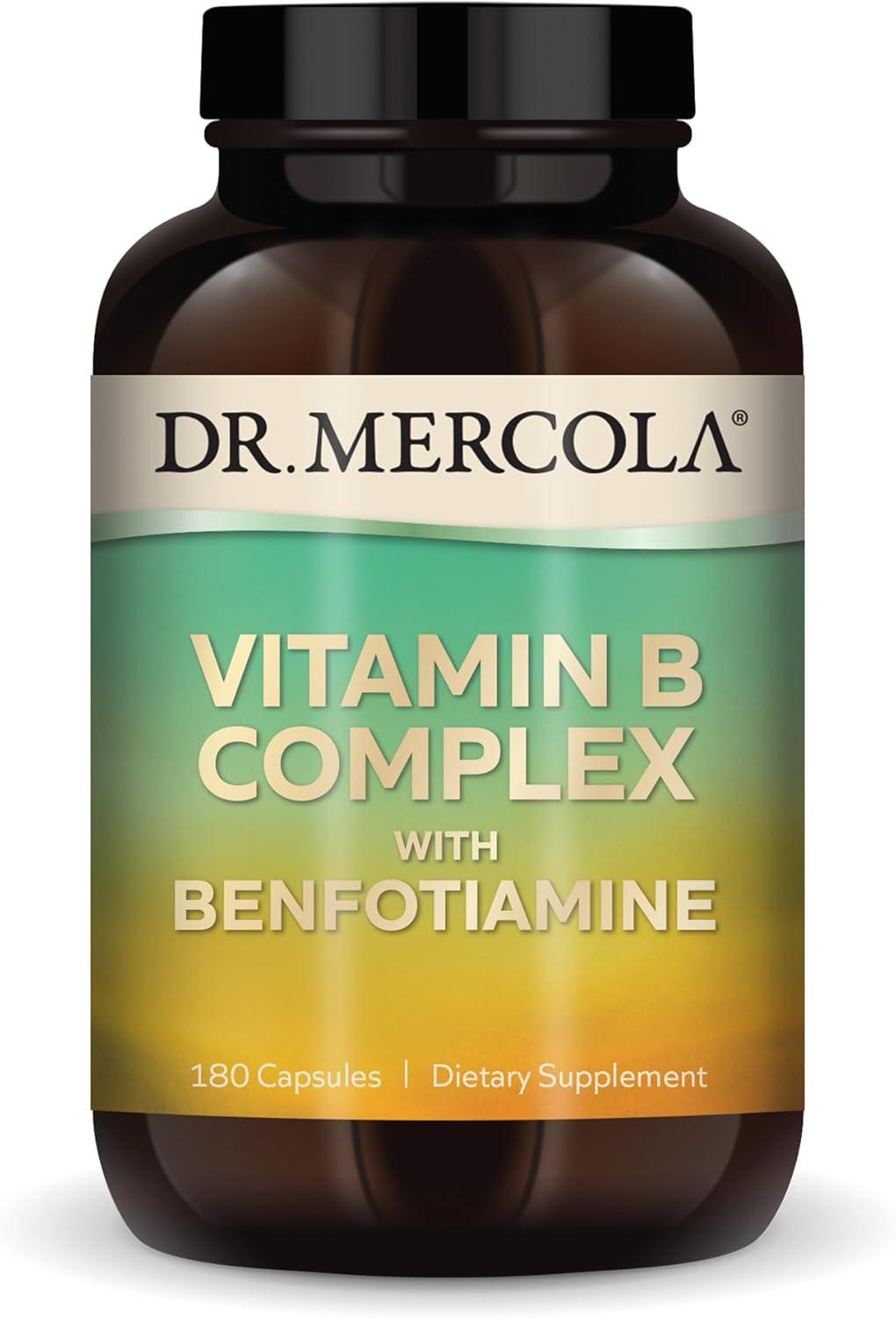 Dr. Mercola Vitamin B Complex, 90 Servings (180 Capsules), with Benfotiamine, Dietary Supplement, Supports Energy Production, Non-GMO
