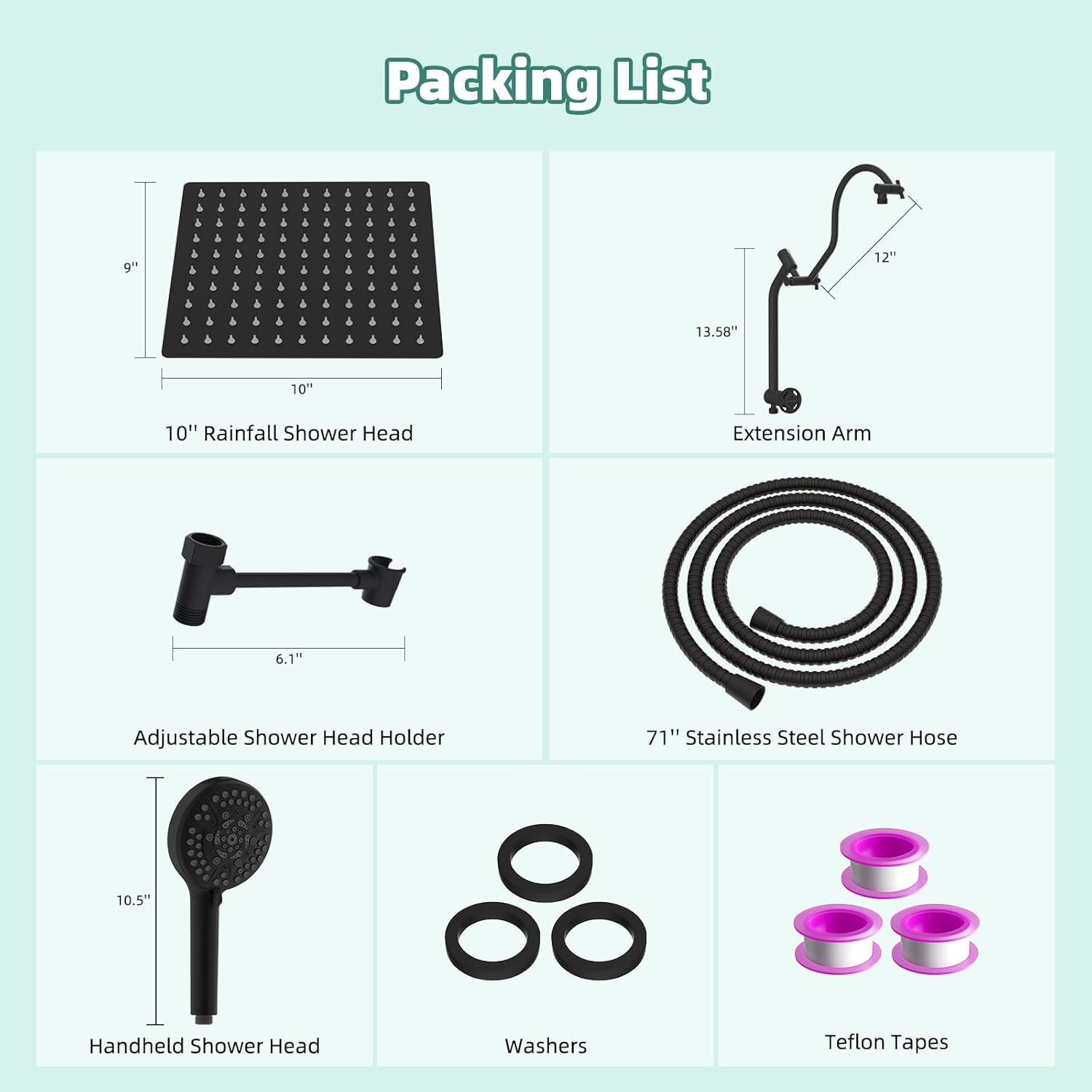 10'' High Pressure Rainfall Shower Head/Handheld Showerhead Combo with 12'' Adjustable Curved