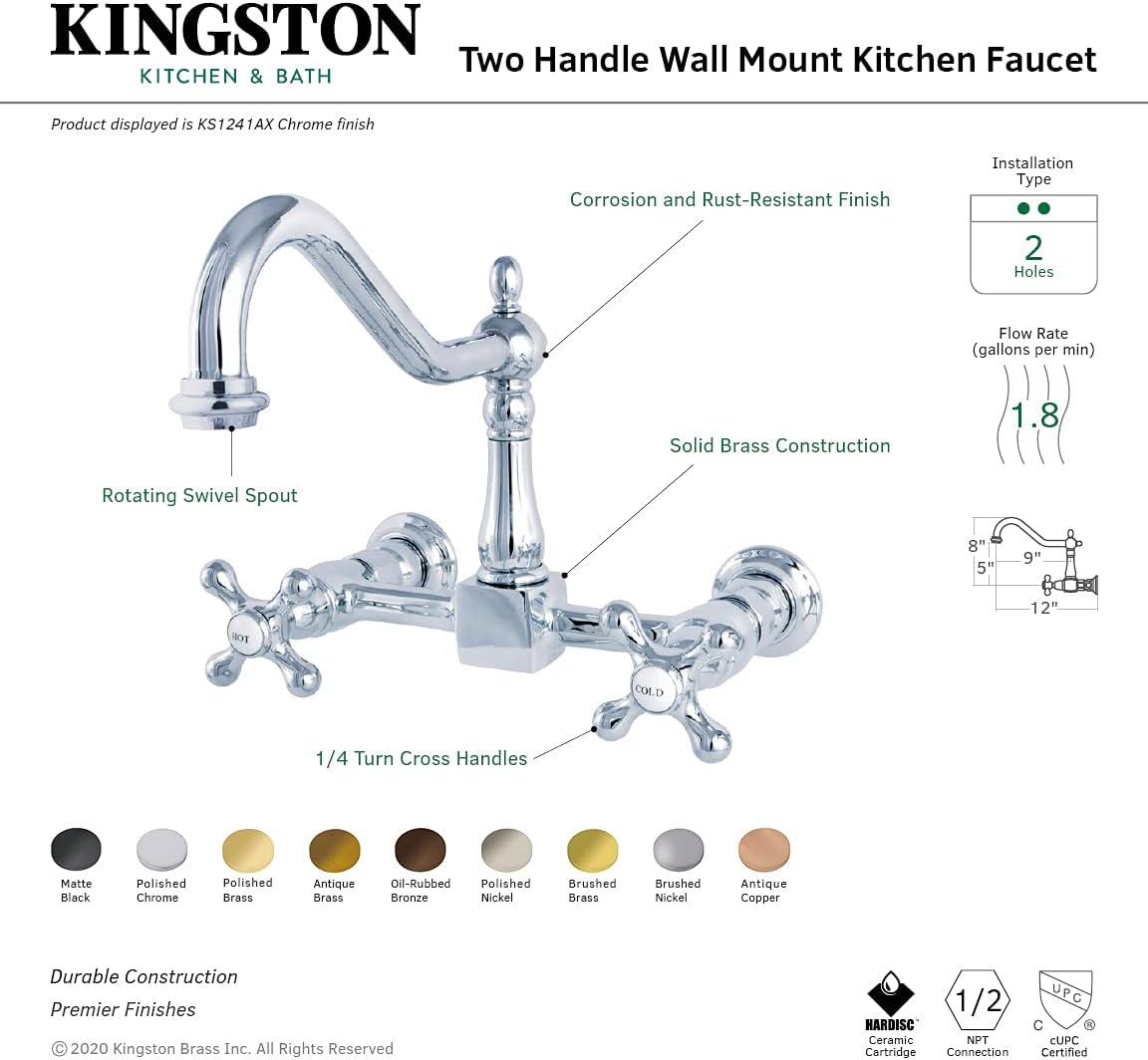 Kingston Brass Heritage Double-Handle 2-Hole Wall-Mount Bridge Kitchen Faucet
