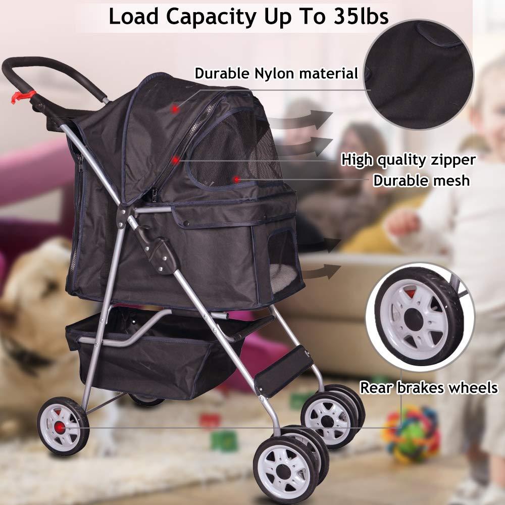 4 Wheels Pet Stroller Cat Dog Cage Stroller Travel Folding Carrier with Cup Holders and Removable Liner for Small-Medium Dog, Cat (Pink)