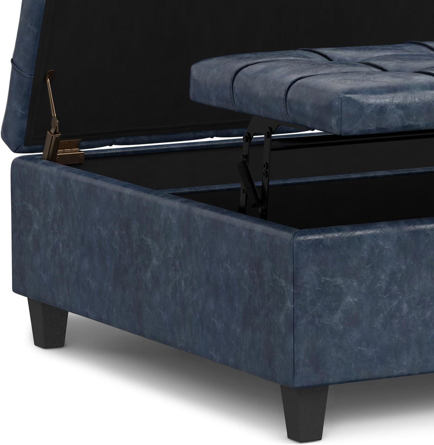 Harrison 40 inch Wide Coffee Table Storage Ottoman in Blue Vegan Faux Leather