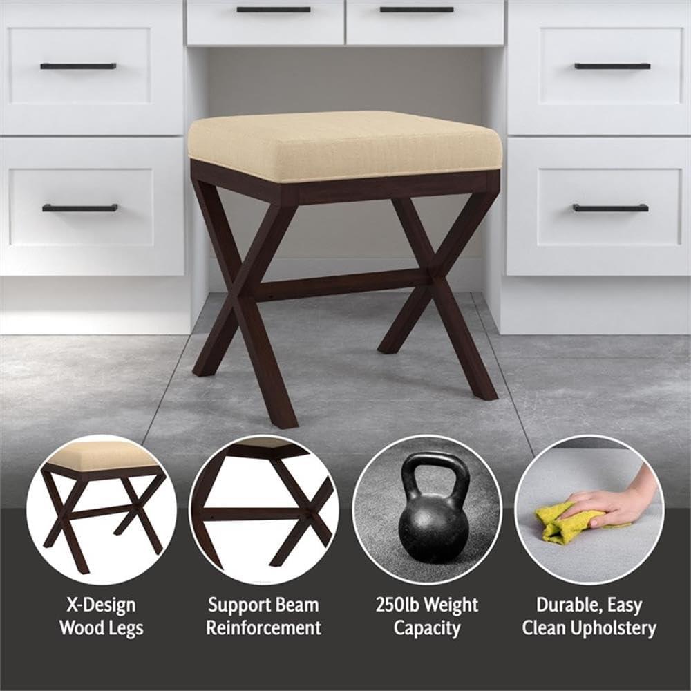 Espresso Wood and Beige Upholstered Backless Vanity Stool