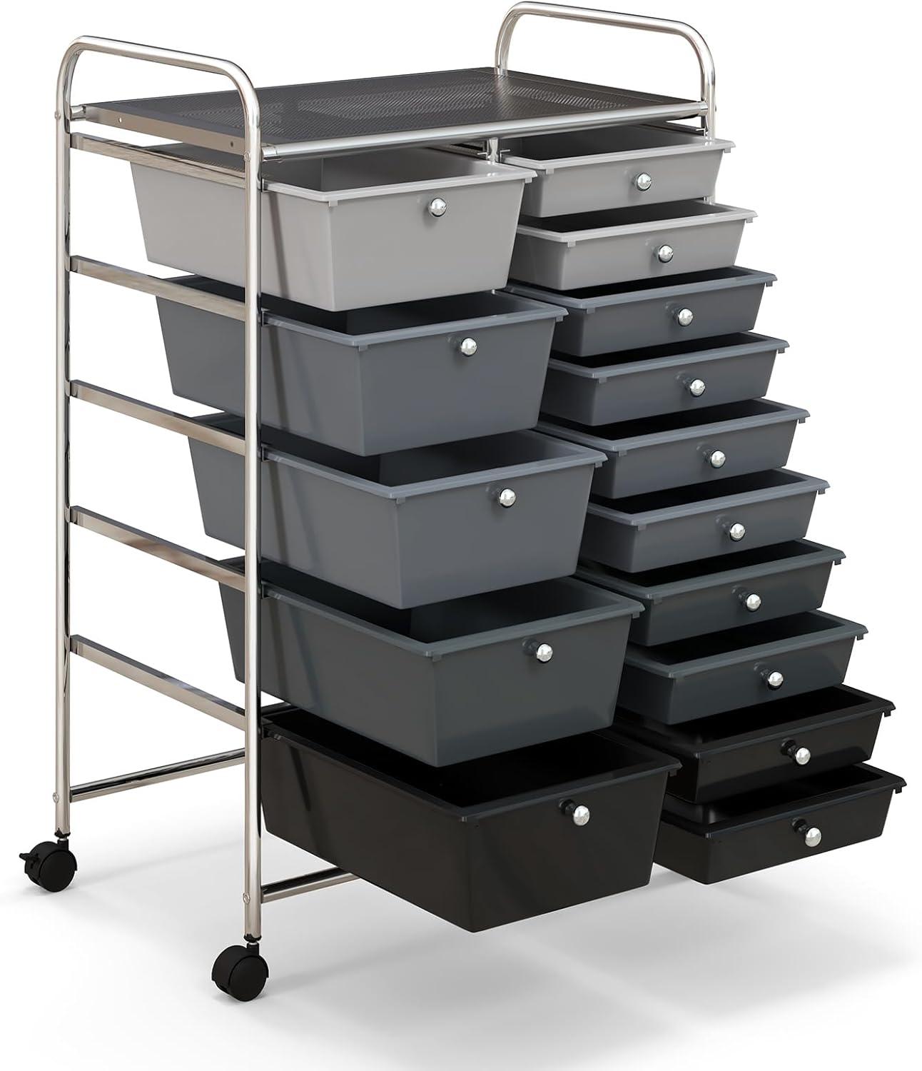 15-Drawers Rolling Storage Cart, Mobile Book Paper Organizer Utility Trolley with Wheels, Ideal for School, Office, Home (Clear)