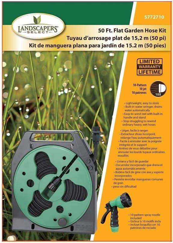 Green and Black Plastic Wall-Mounted Hose Reel with Nozzle, 50 ft