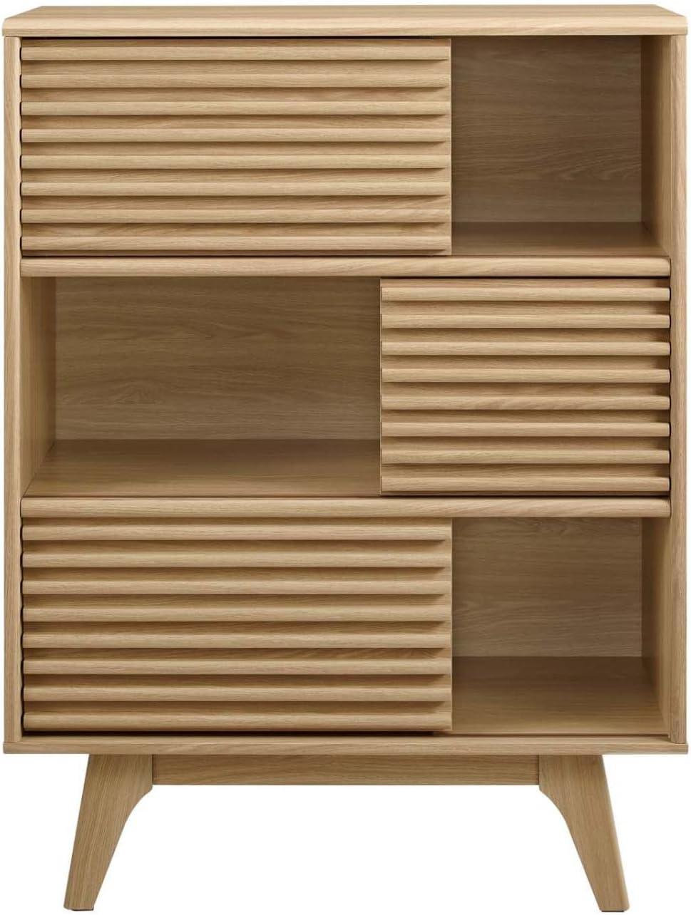 Render 3 Tier Display Storage Cabinet Stand Oak - Modway: Modern Media Console, Vinyl Record Organizer