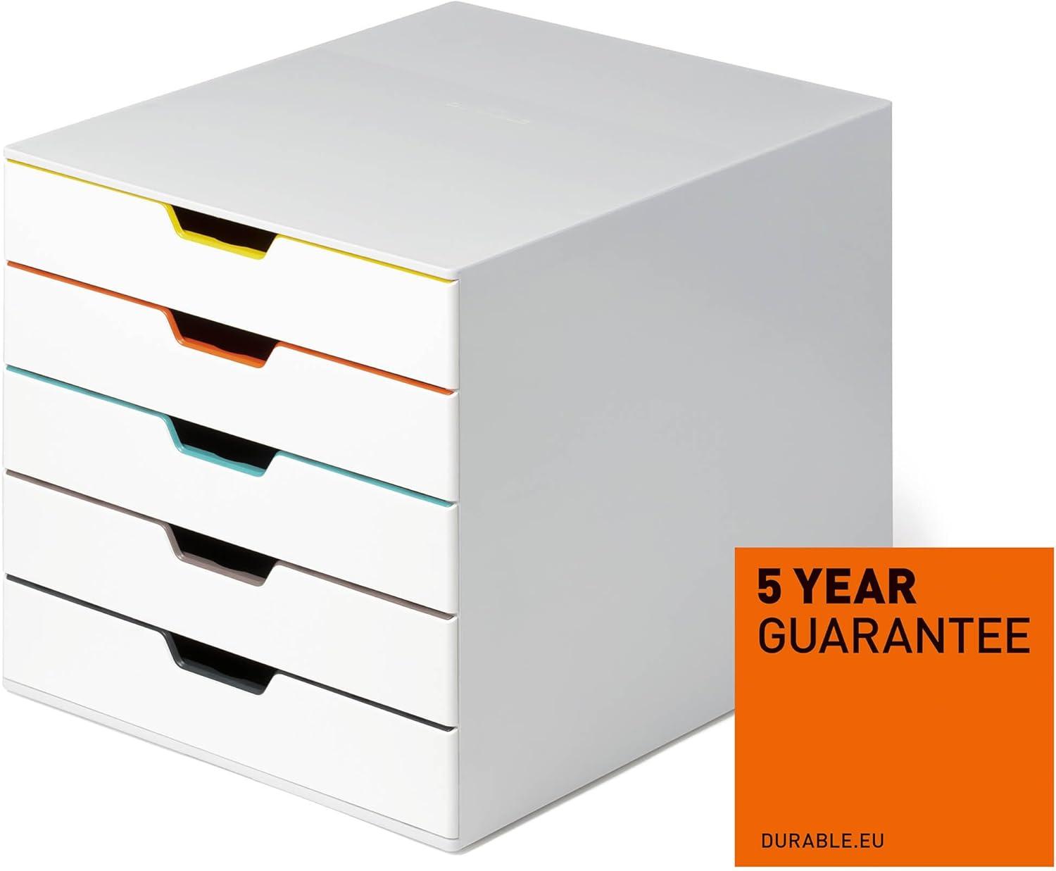 DURABLE Desktop Drawer Organizer (VARICOLOR MIX 5 Compartments with Removable Labels) 11" w x 14" d x 11.375" h, White & Multicolored (762527)