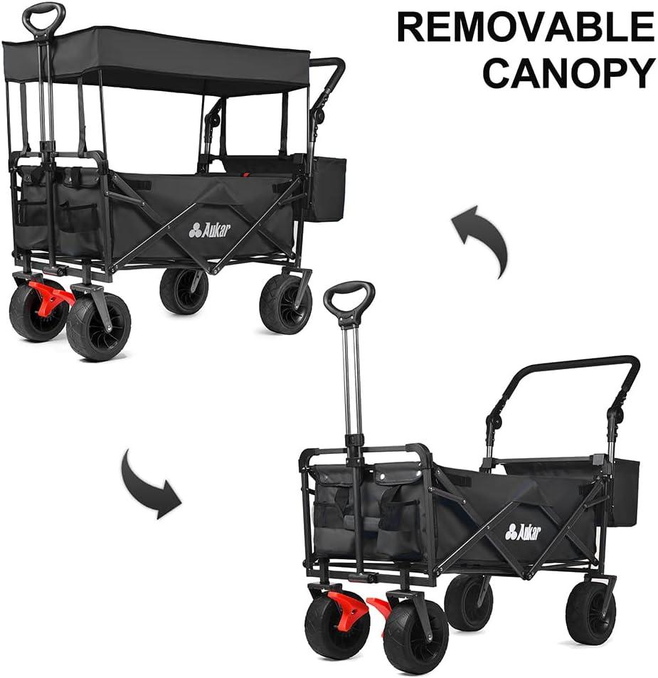 Large Collapsible Wagon Cart with Removable Canopy, Heavy Duty Folding Beach Wagon with Big Wheels, Adjustment Push Handle&Rear Brakes,Cooler Bag, Utility All-Terrain Wagon for Garden Shopping Camping