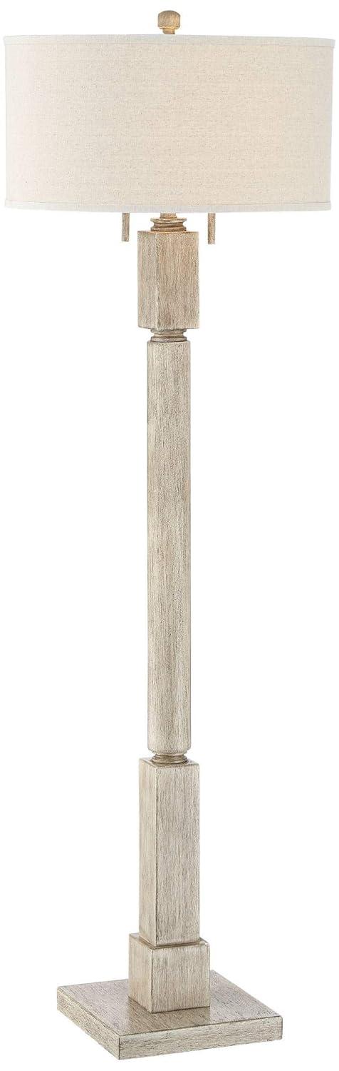 Barnes and Ivy Baluster Country Cottage Floor Lamp 63 1/2" Tall Pickled Wood Oatmeal Linen Drum Shade for Living Room Reading Bedroom Office House