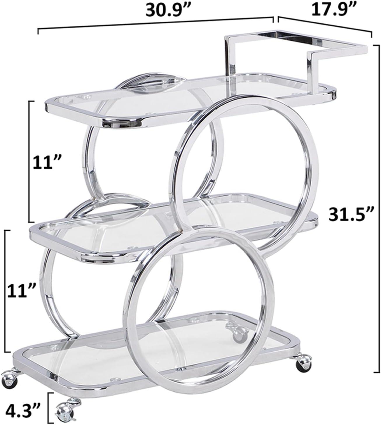 Silver Chrome 3-Tier Glass Bar Cart with Storage