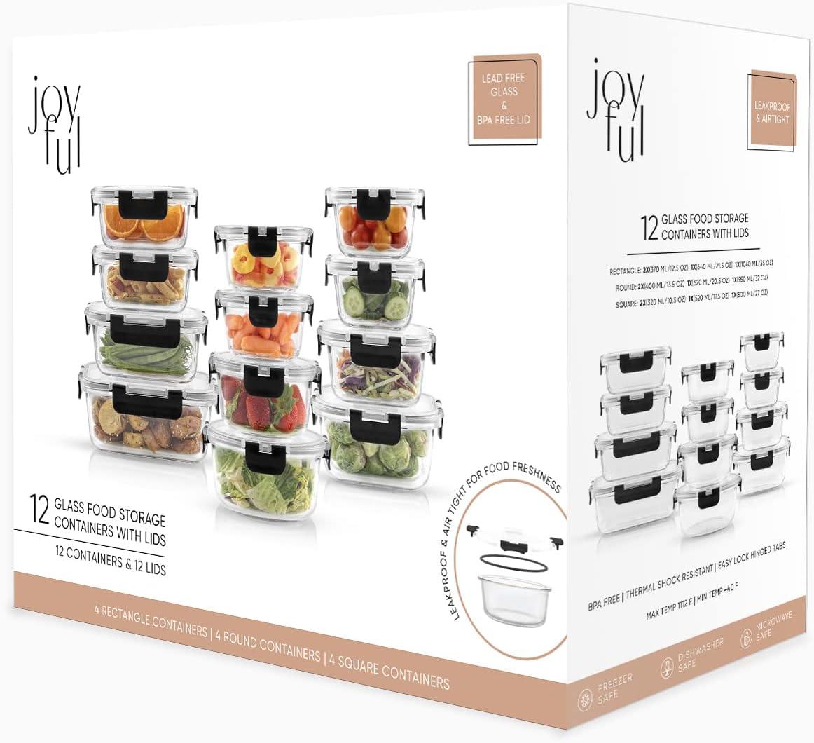 JoyFul by JoyJolt 24 Piece Glass Storage Containers with Leakproof Lids Set