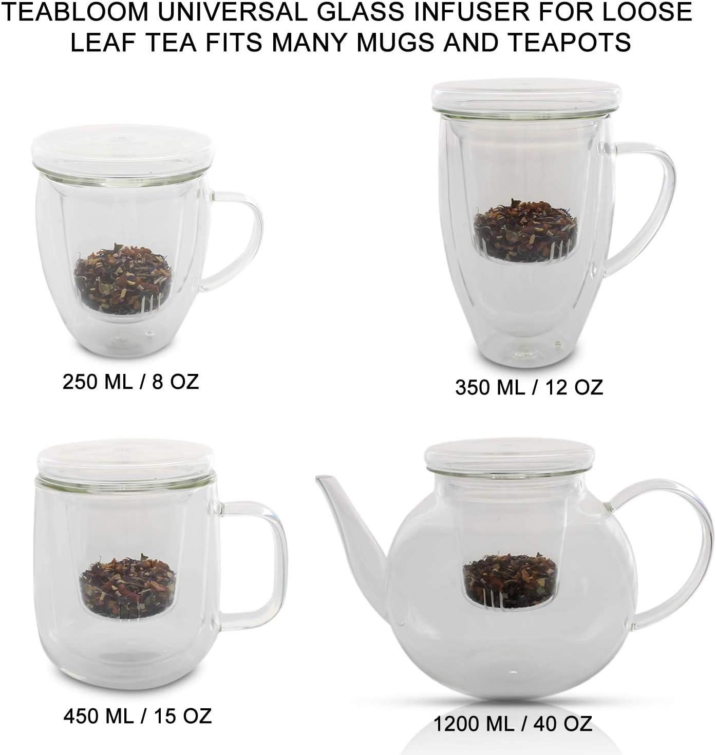 Teabloom Universal Glass Tea Infuser with Multi-Functional Lid - Lead-Free and Non-Toxic Glass Filter for Loose Tea Leaves