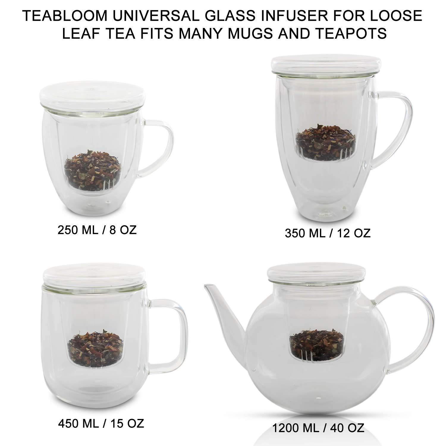 Teabloom Universal Glass Tea Infuser with Multi-Functional Lid - Lead-Free and Non-Toxic Glass Filter for Loose Tea Leaves
