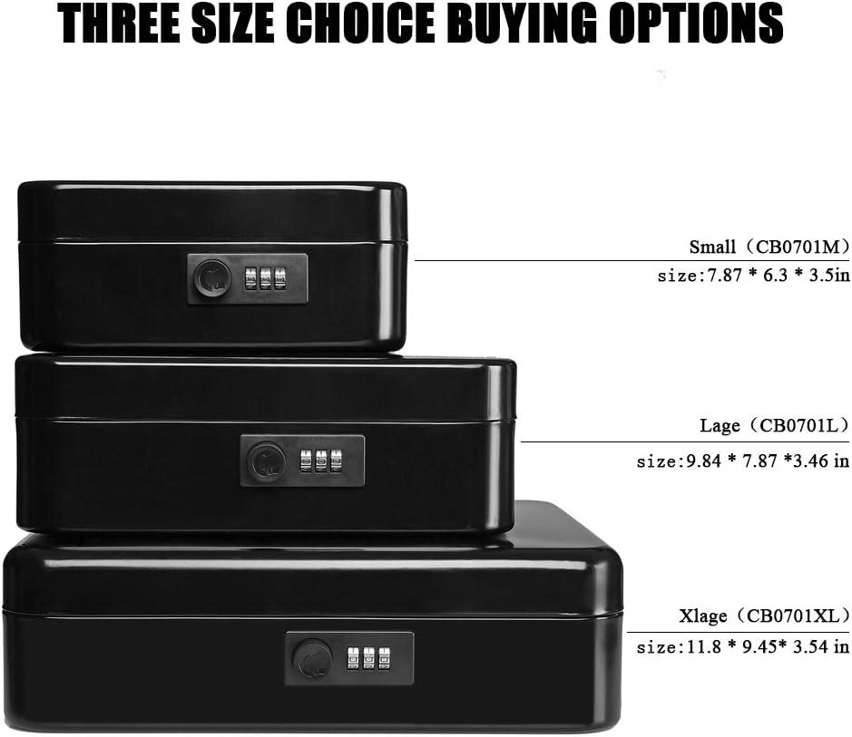 KYODOLED Large Cash Box with Combination Lock Safe Metal Money Box with Money Tray for Security Lock Box 9.84"x 7.87"x 3.54" Black