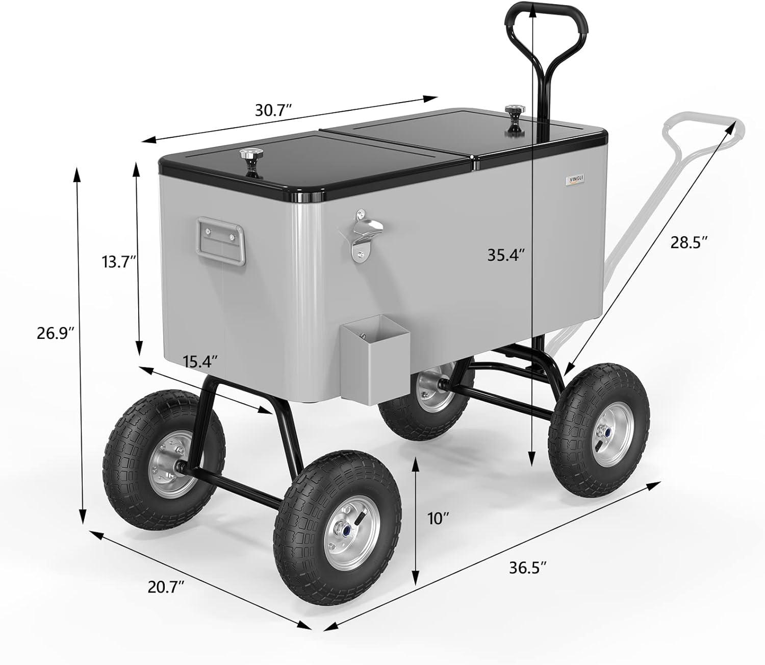 VINGLI 80qt. Wagon Rolling Cooler Ice Chest w/Long Handle and 10" Wheels, Patio Cooler, Outdoor Park Cart on Wheels