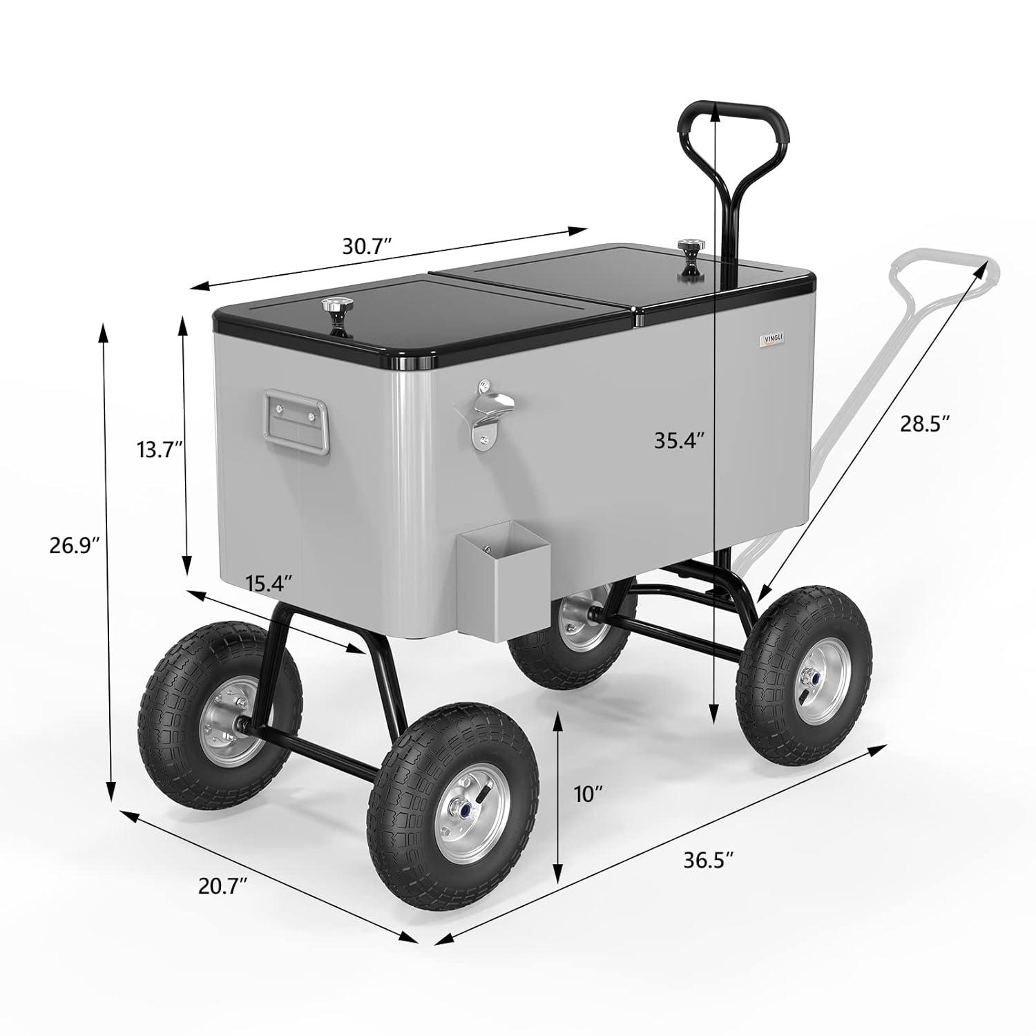 VINGLI 80qt. Wagon Rolling Cooler Ice Chest w/Long Handle and 10" Wheels, Patio Cooler, Outdoor Park Cart on Wheels
