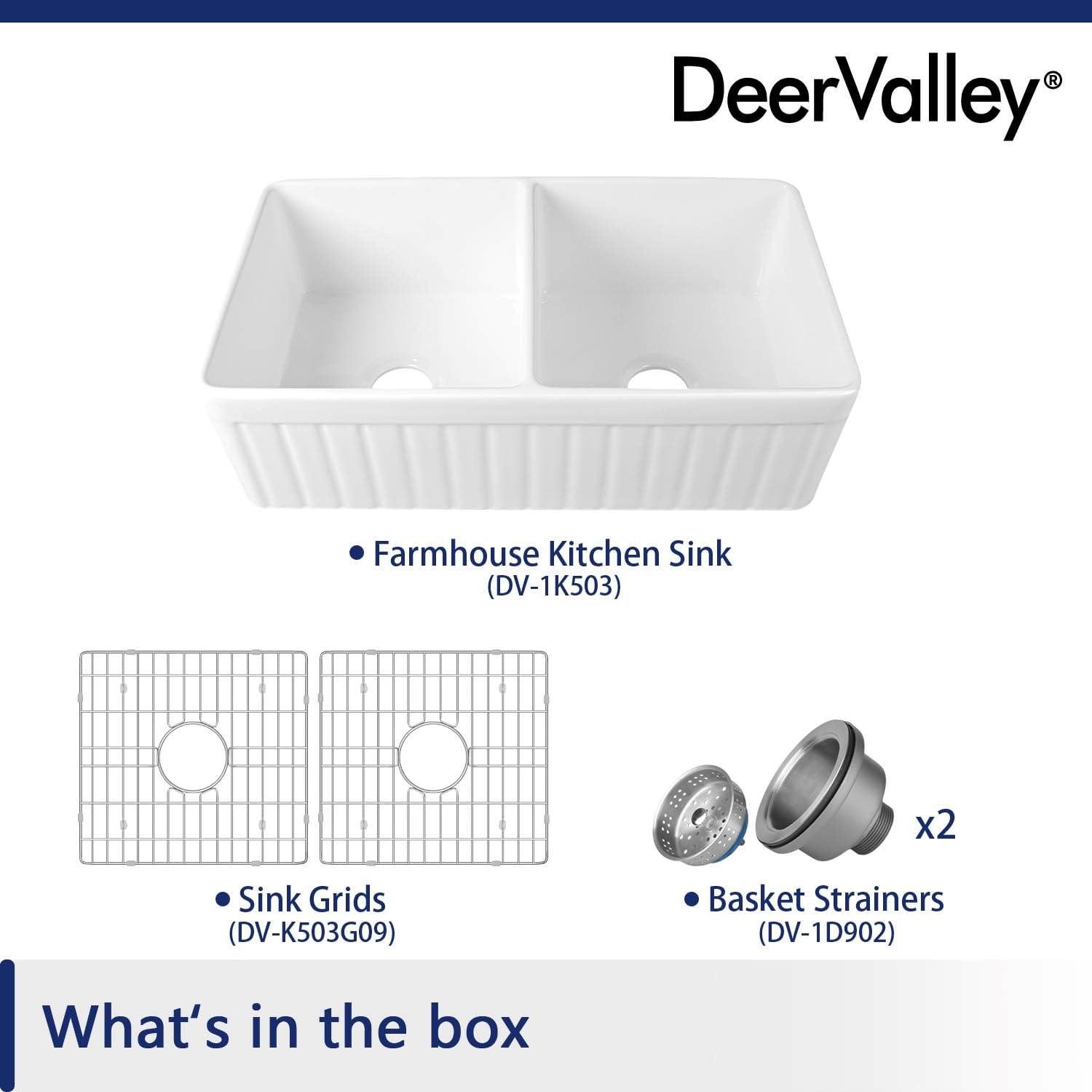 Nova 33" L x 18" W Double Bowl Fireclay Farmhouse Kitchen Sink with Sink Grid and Basket Strainer