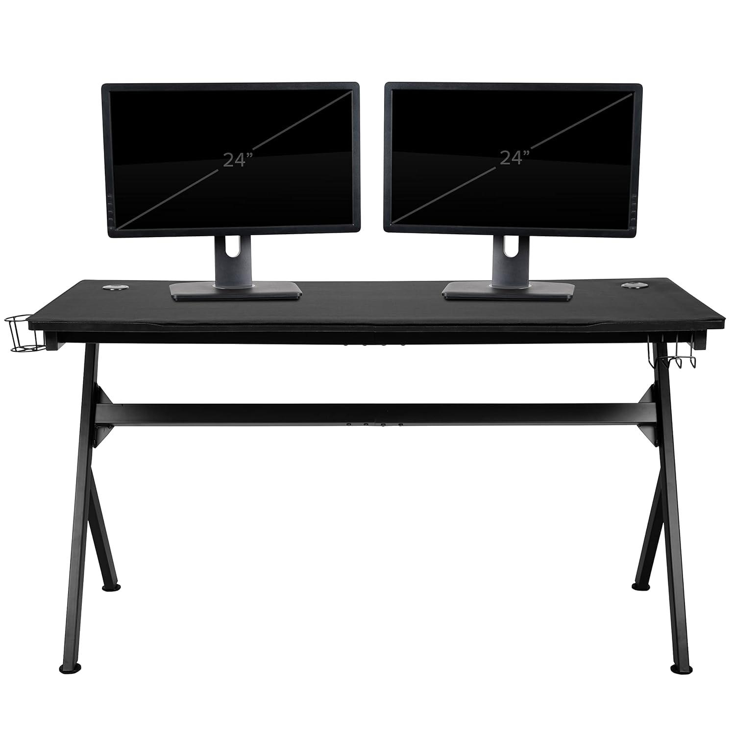 Flash Furniture Black Gaming Desk and Black Footrest Reclining Gaming Chair Set with Cup Holder, Headphone Hook & 2 Wire Management Holes