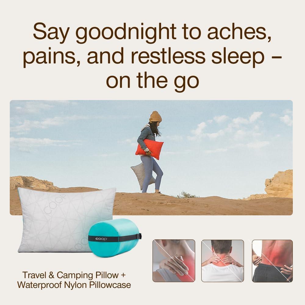 Coop Home Goods Adjustable Travel Pillow - 1 Camping Pillow and 1 Grey Pillowcase Bundle w/ Compressible Stuff Sack