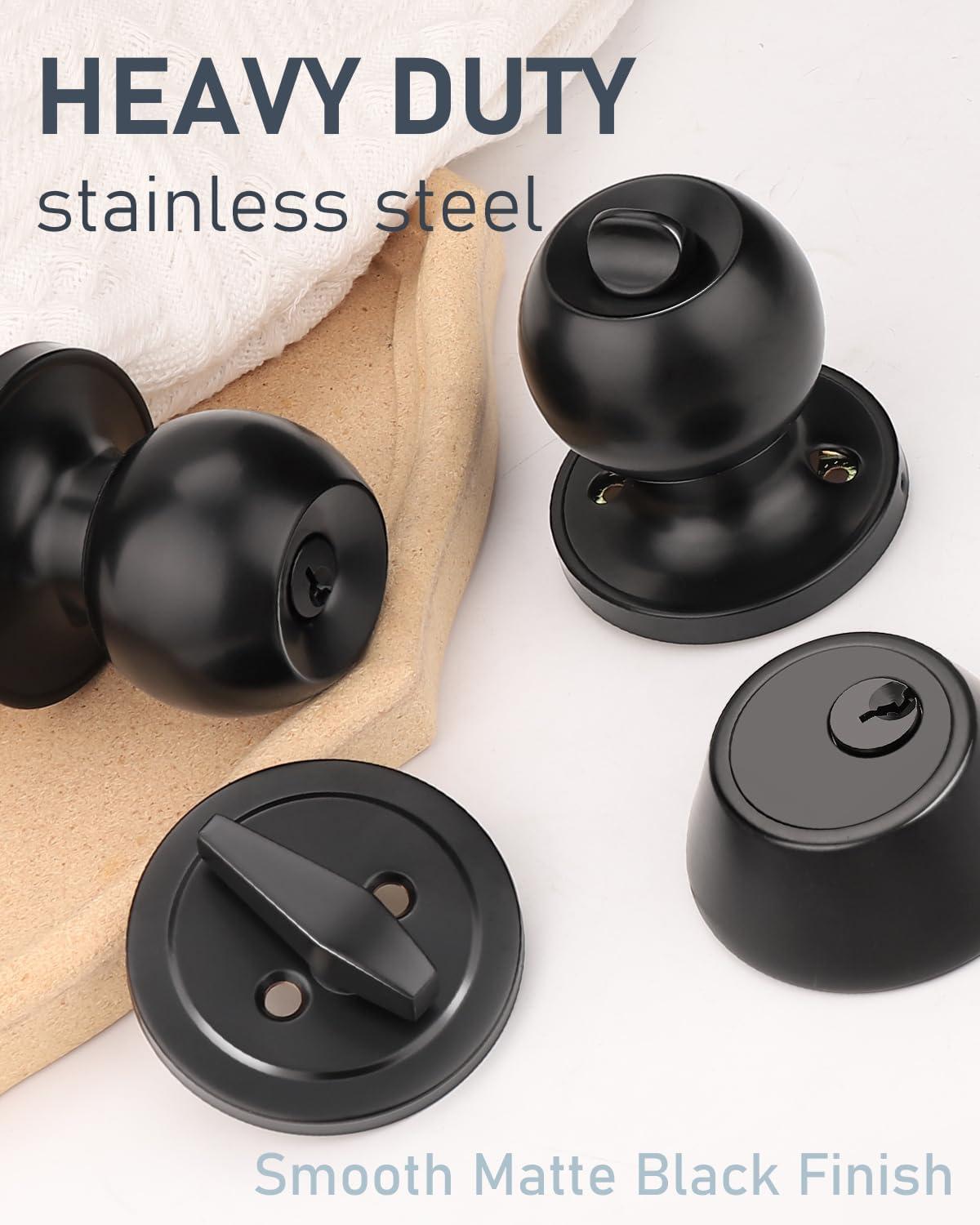 Matte Black Alloy Steel Round Door Knob Set with Deadbolt