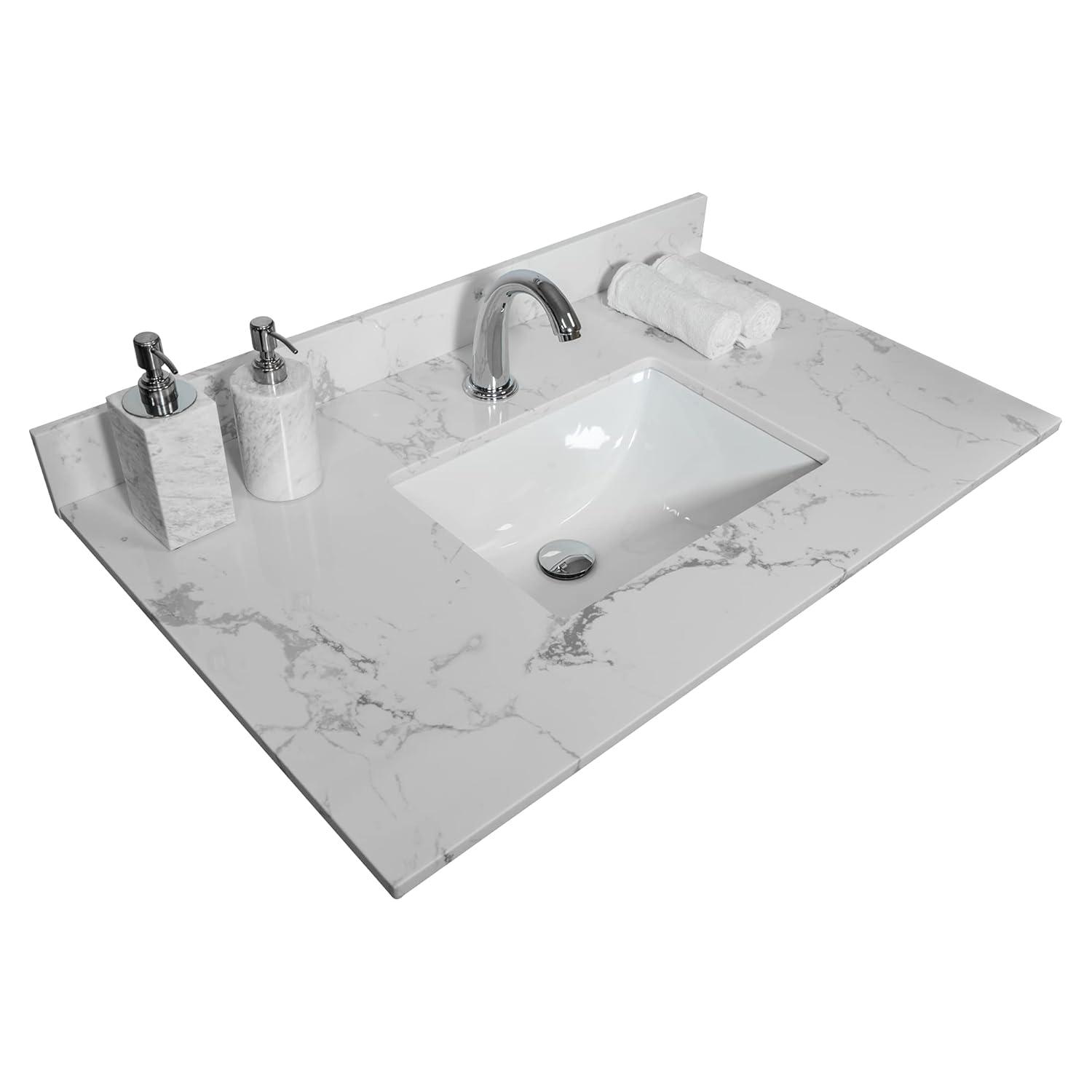 31 Inch Bathroom Vanity Top Stone, Carrara White Engineered Marble Stone Vanity Sink Top with Undermount Ceramic Sink and Back Splash with Single Hole for Bathrom Cabinet (31"x22"(Single Hole))