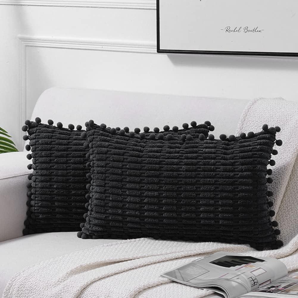 Fancy Homi 2 Packs Dusty Blue Decorative Throw Pillow Covers 12x20 Inch with Pom-poms for Couch Bed Living Room, Farmhouse Boho Home Decor, Soft Corduroy Cute Lumbar Cushion Case 30x50 cm
