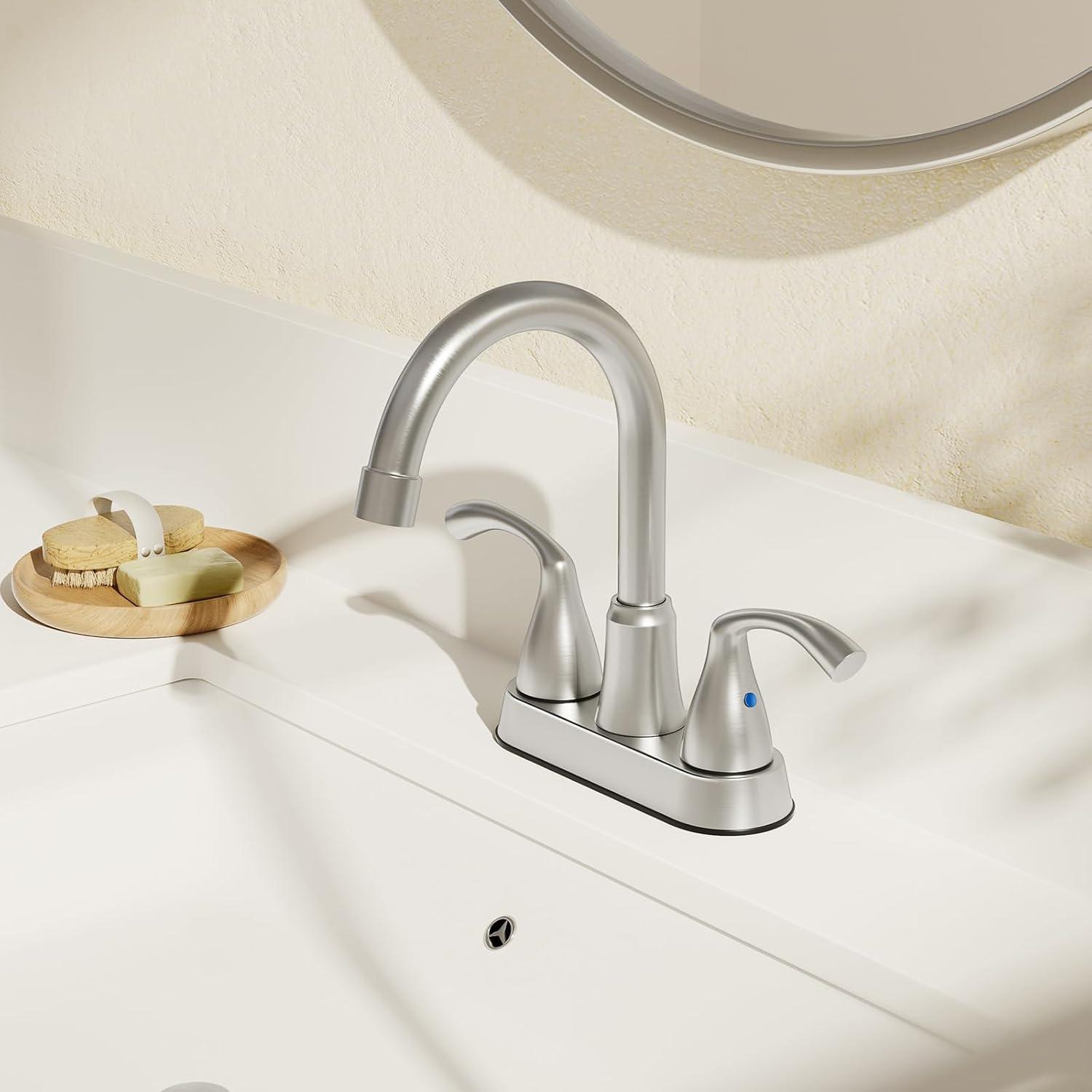 Phiestina Centerset 4 Inch 2 or 3 Holes Brushed Nickel Bathroom Faucet, Vanity Sink Faucet with 360 Swivel Spout, Metal Pop-up Drain and Water Supply Lines, JC180-BN