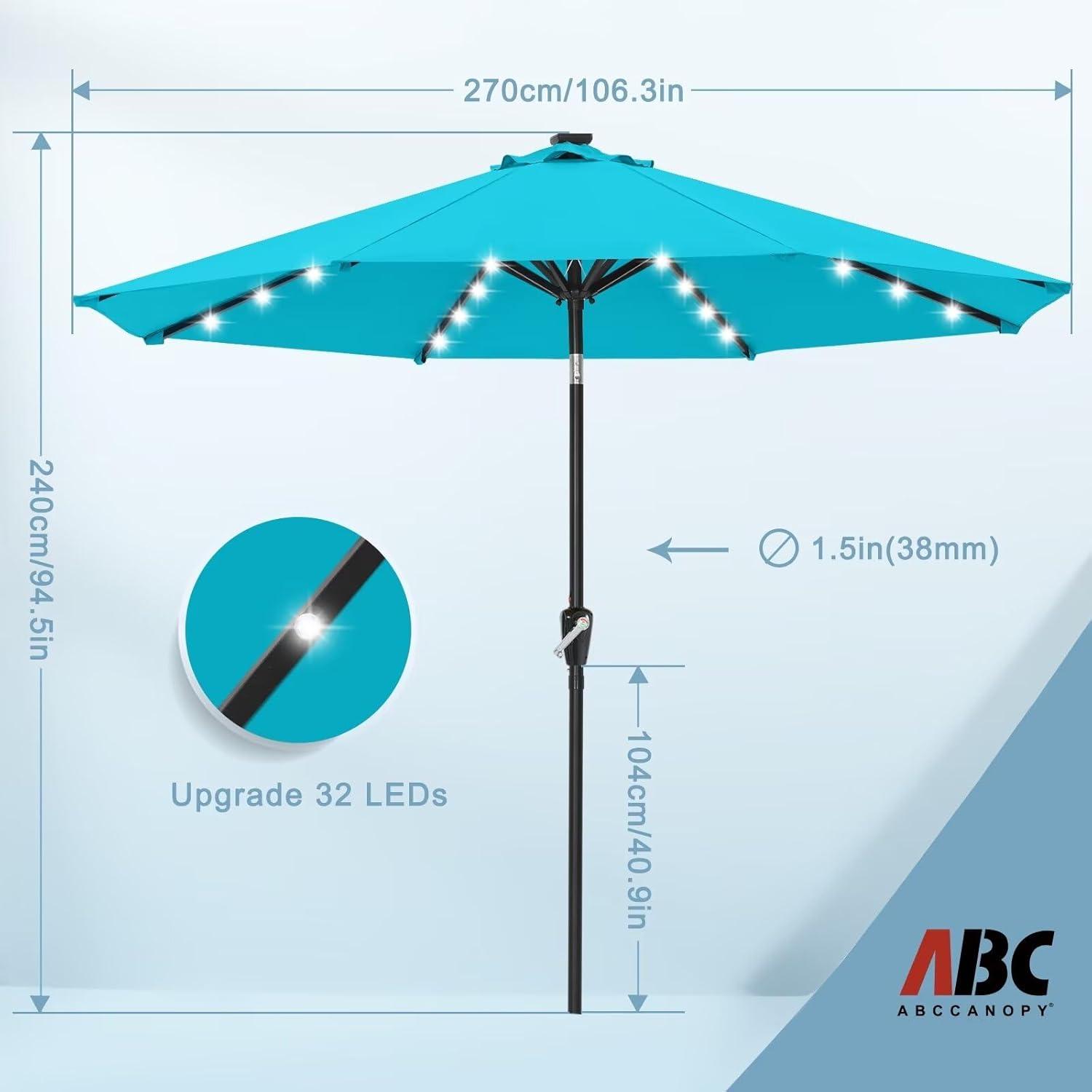 ABCCANOPY 9ft Patio Solar Umbrella LED Outdoor Umbrella with Tilt and Crank, Turquoise