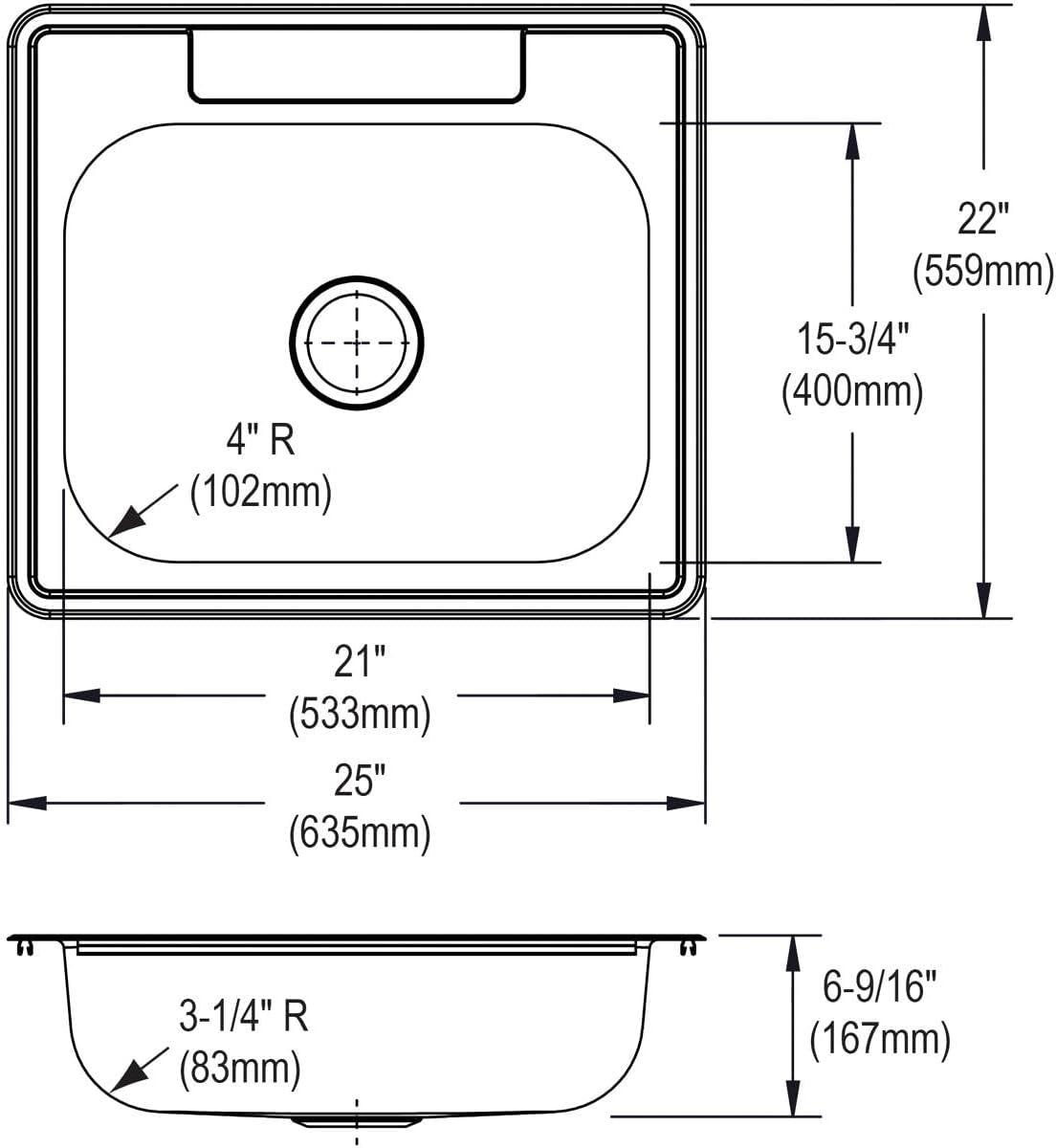 Elkay D125225 22 Gauge Stainless Steel Single Bowl Top Mount Kitchen Sink, 25 x 22 x 6.5625"