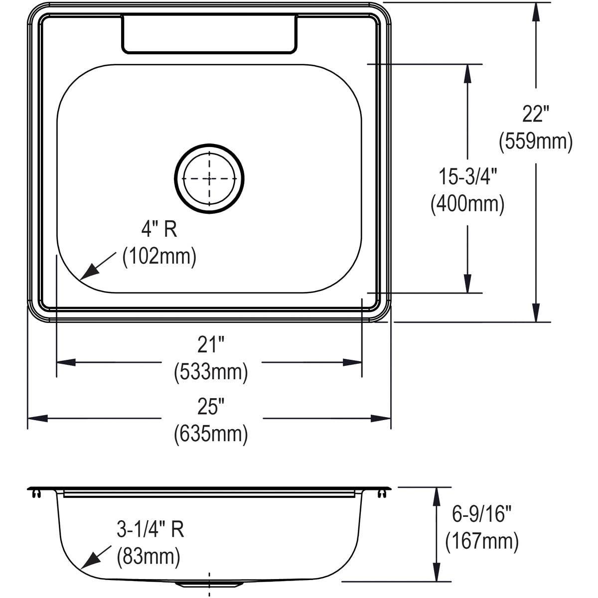 Dayton D125223 Single Bowl Drop-in Stainless Steel Sink, , 25 x 22 22 Gauge 3 Faucet Holes