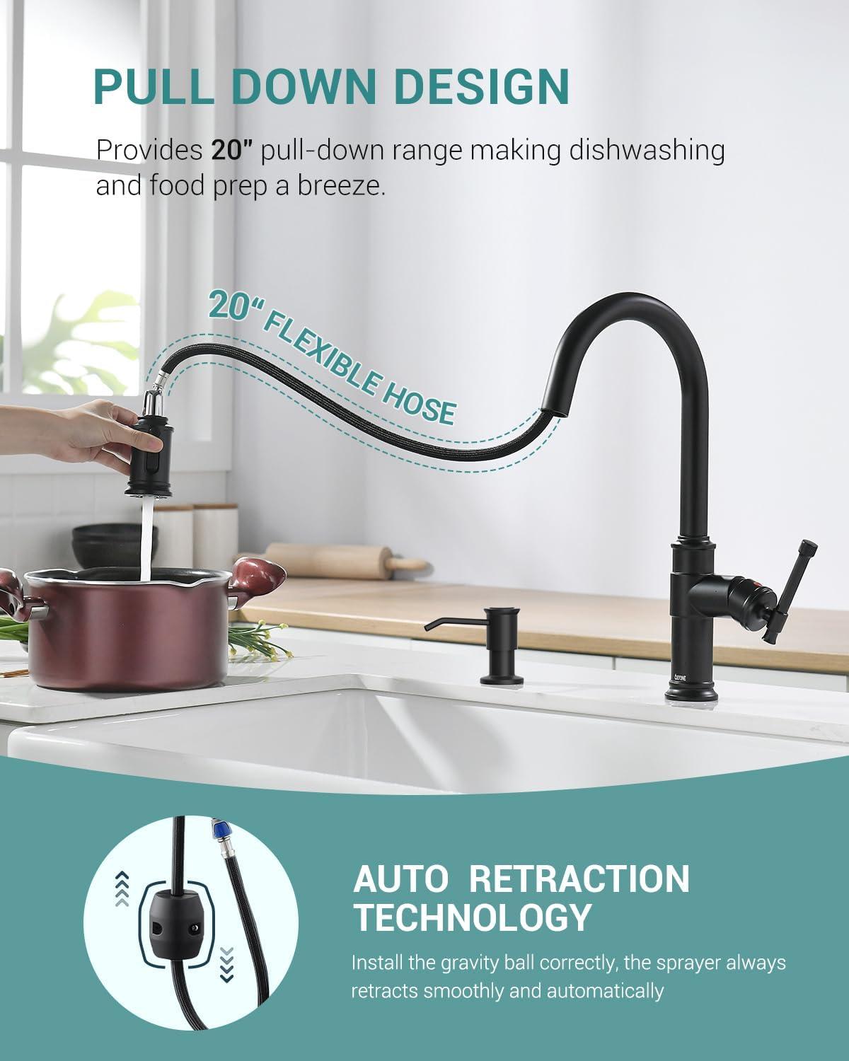 Single Handle Kitchen Sink Faucet with Pull Down Sprayer, High Arc Kitchen Sink Faucet w/ Water Lines, Stainless Steel Kitchen Faucets for Bar, Laundry,Mixing Hot And Cold