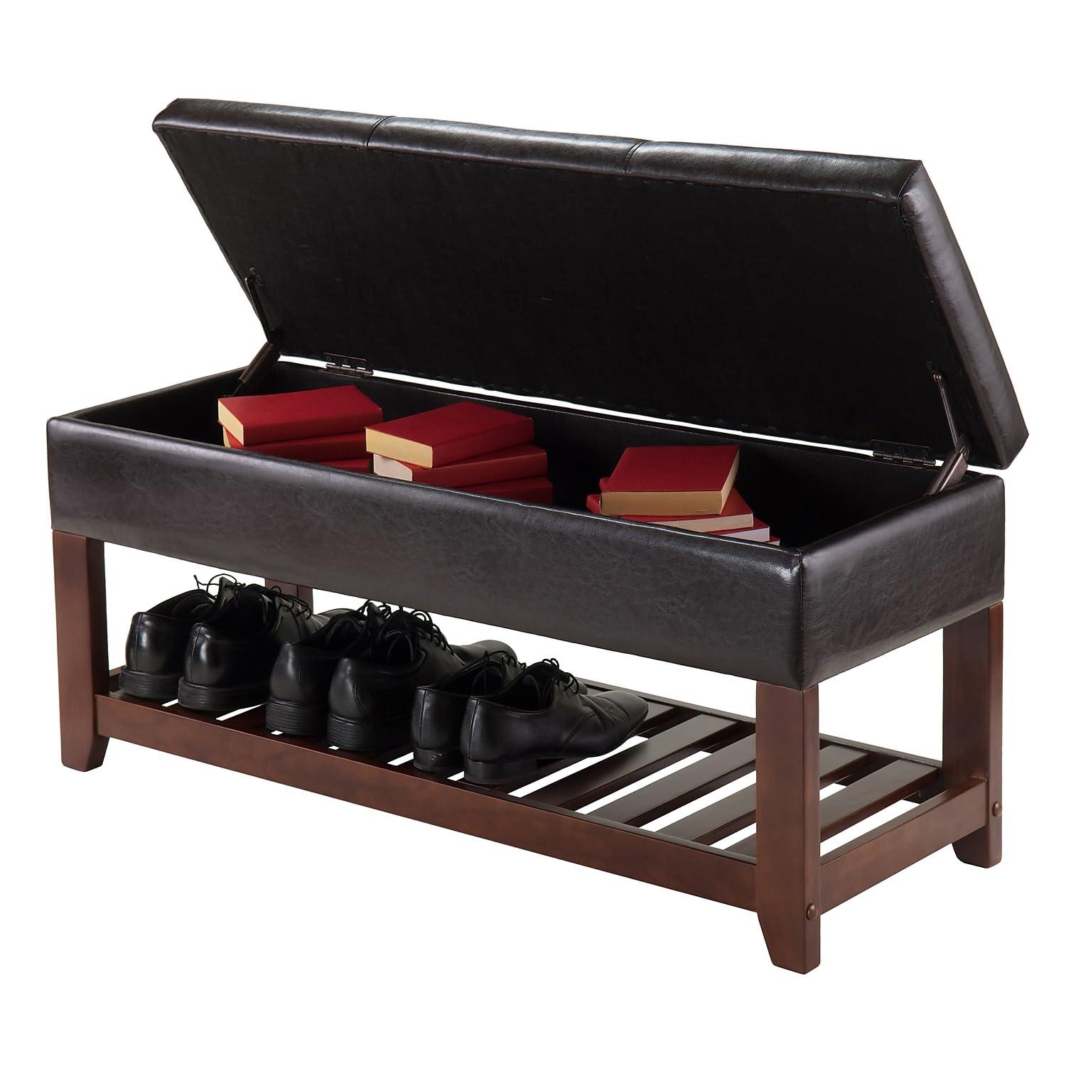 Monza Bench with Storage Chest and Shoe Rack, Faux Leather Cushion - Winsome