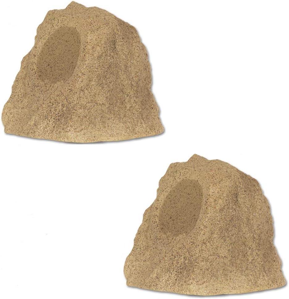 Theater Solutions by Goldwood B42S Wireless Rechargeable Bluetooth Outdoor Rock Speaker System – Sandstone, Set of 2, 120 Watts