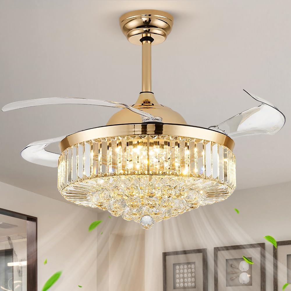 HOOMEDELIER 42" Chandelier Ceiling Fan with Remote, Crystal Beads Framed Fan with 4 Retractable Blades Smart Indoor Fandelier Fan