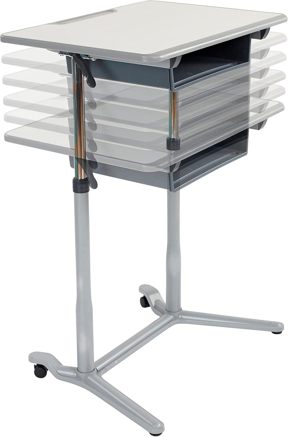 Adjustable Gray Sit-Stand Mobile Desk with Storage