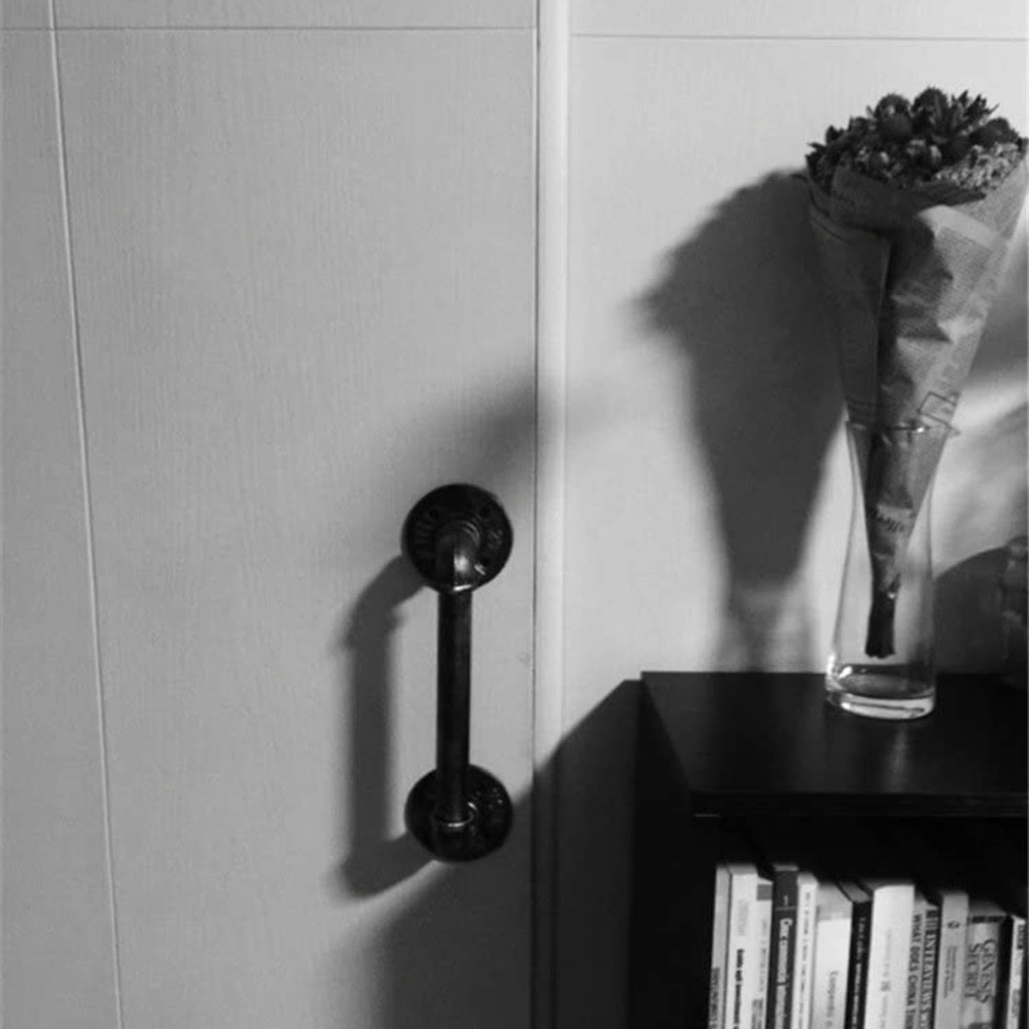 FOYO Set of 2 Industrial Pipe Door Pull Handle, Grab Bar, Towel Bar, Antique Rustic Cast Iron Handrail - Matte Black, 12 Inch