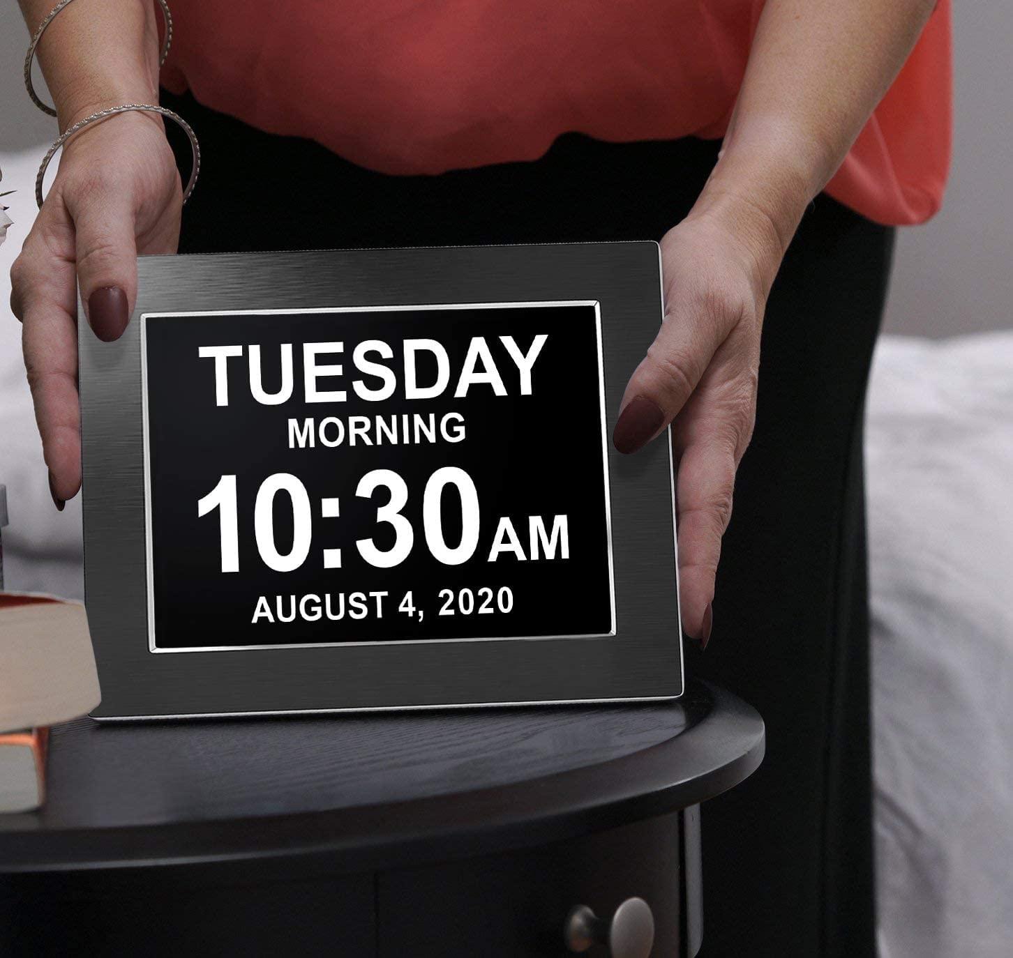 American Lifetime, Premium Version, Day Clock Extra Large Impaired Vision Digital Clock with Battery Backup and 5 Alarm Options, Limited Edition Black Polished Metal Frame